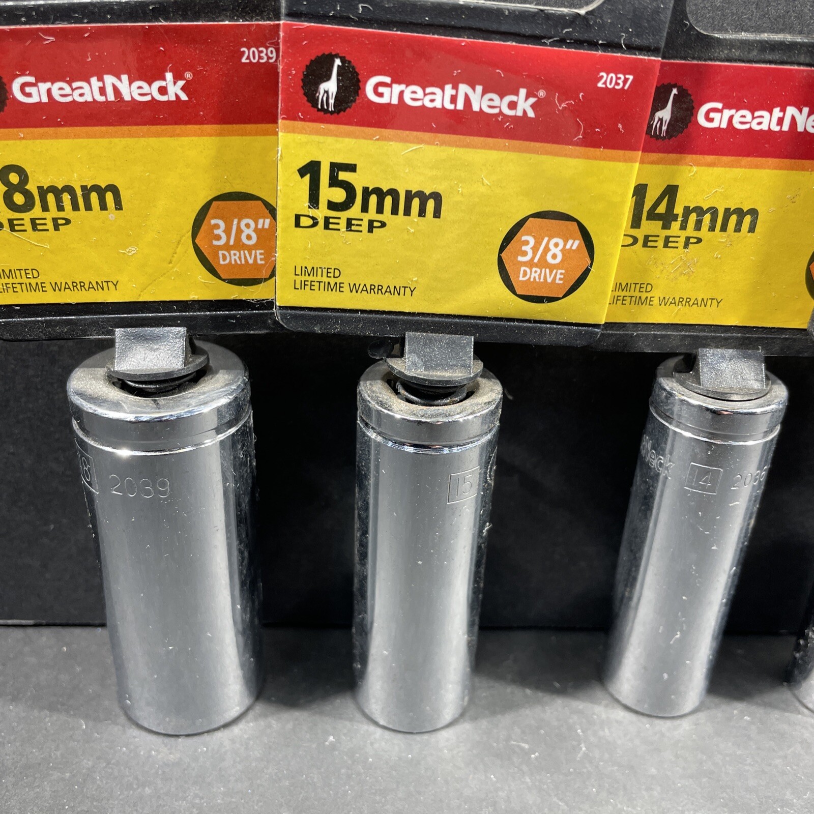5- Metric Deep Great Neck Sockets, 18mm 15mm 14mm 12mm 9mm, 3/8” Drive, 6 Point