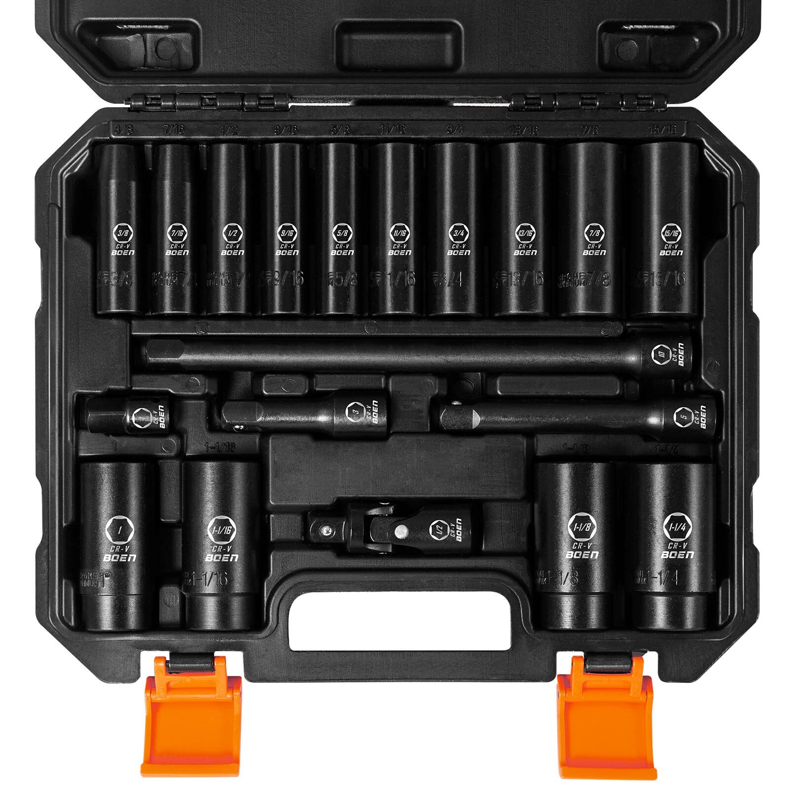 19pcs 1/2″ Drive Deep Impact SAE Socket Set, 3/8″-1-1/4″, Cr-V Steel, Extensions