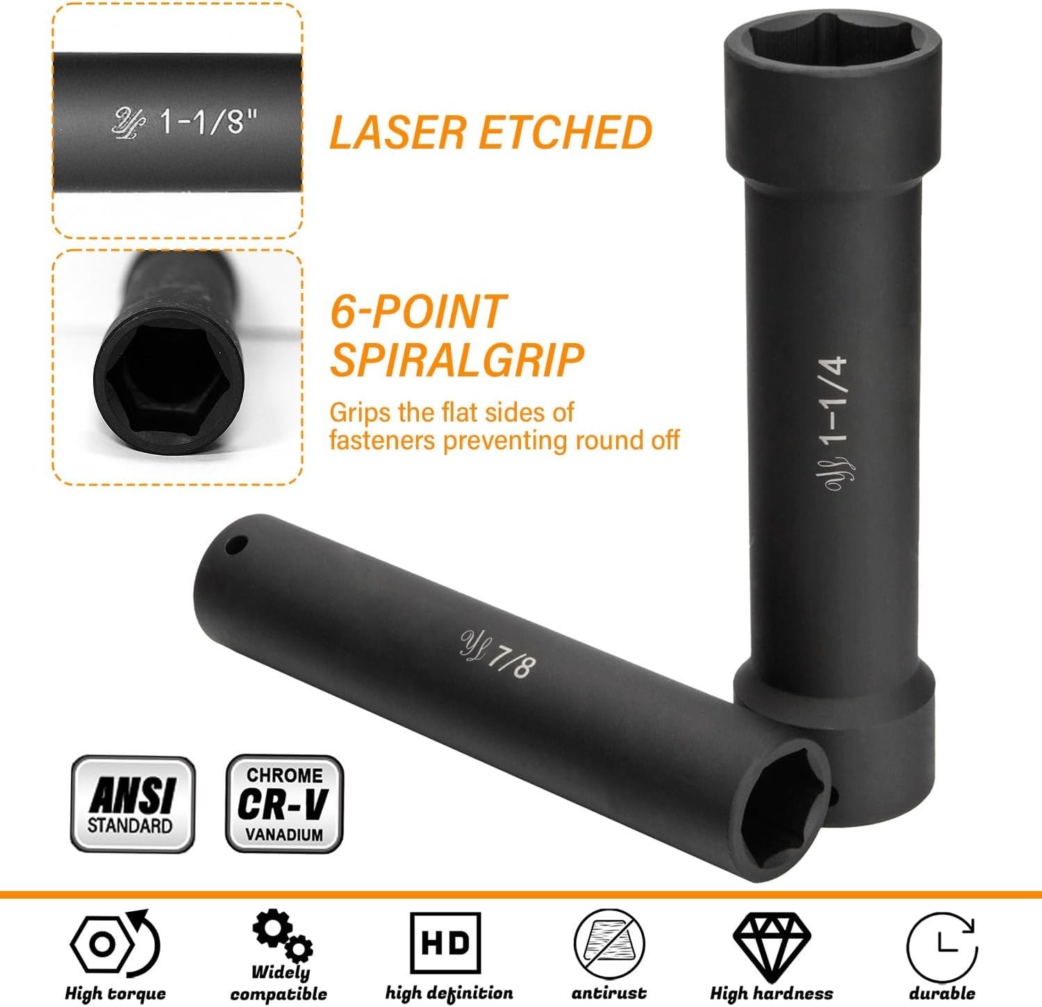 6Pcs 1/2″ Drive Extended Length Impact Socket Set, SAE Unit Sizes 3/4″ to 1-1/4″