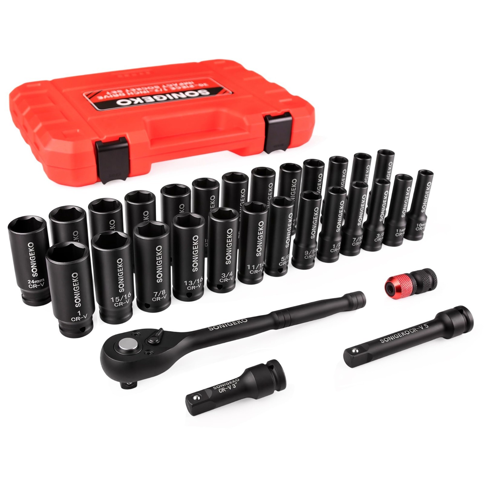 30-Piece 1/2″ Drive Impact Socket Set – Deep SAE & Metric CR-V Steel, Extensions