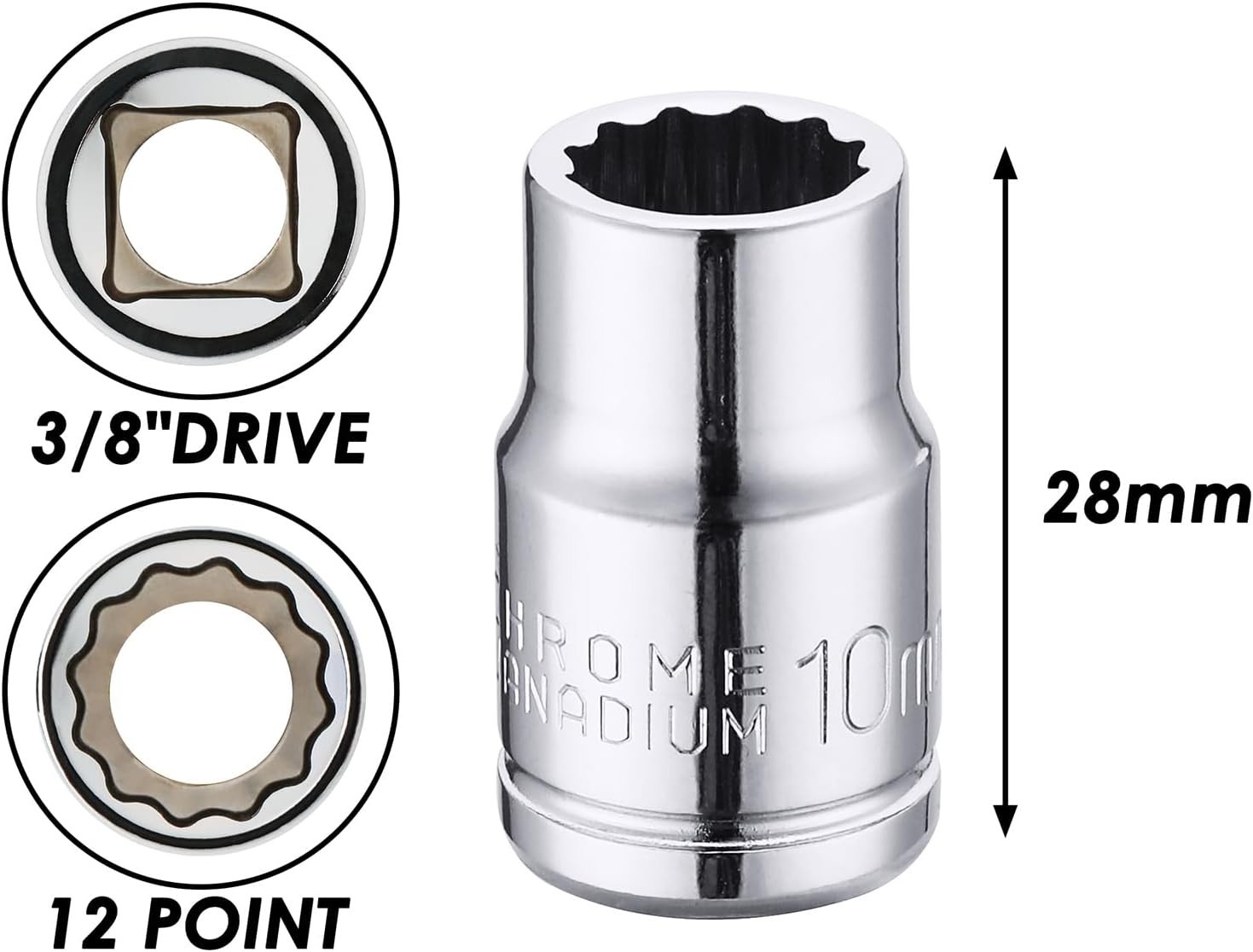 10mm Deep Shallow Socket Set 3/8″ Drive 6PCS CR-V Steel 6 Point 12 Point