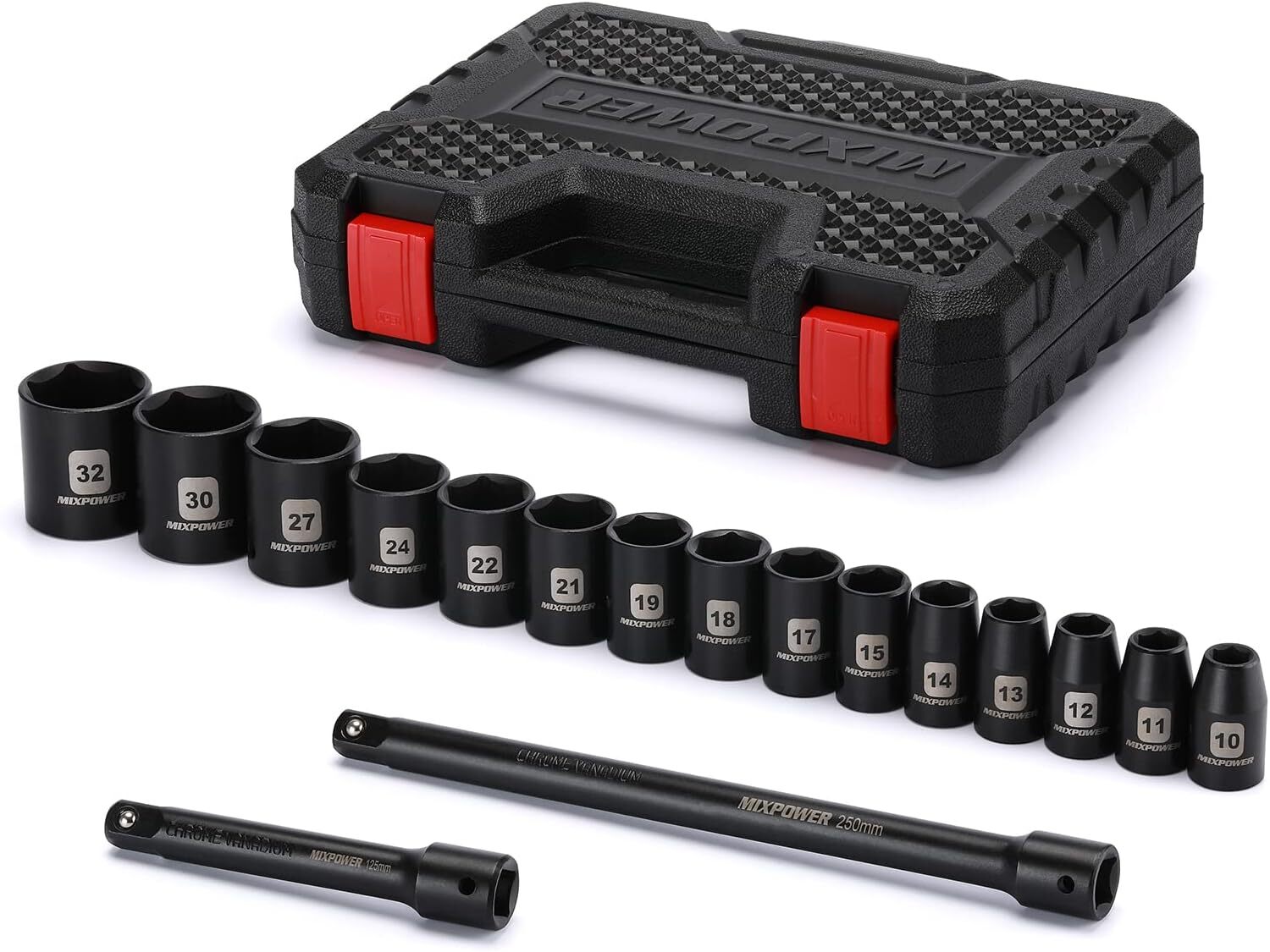 17 Pieces 1/2-Inch Drive Shallow Impact Socket Set, Includes 10mm to 32mm, 5″, 1