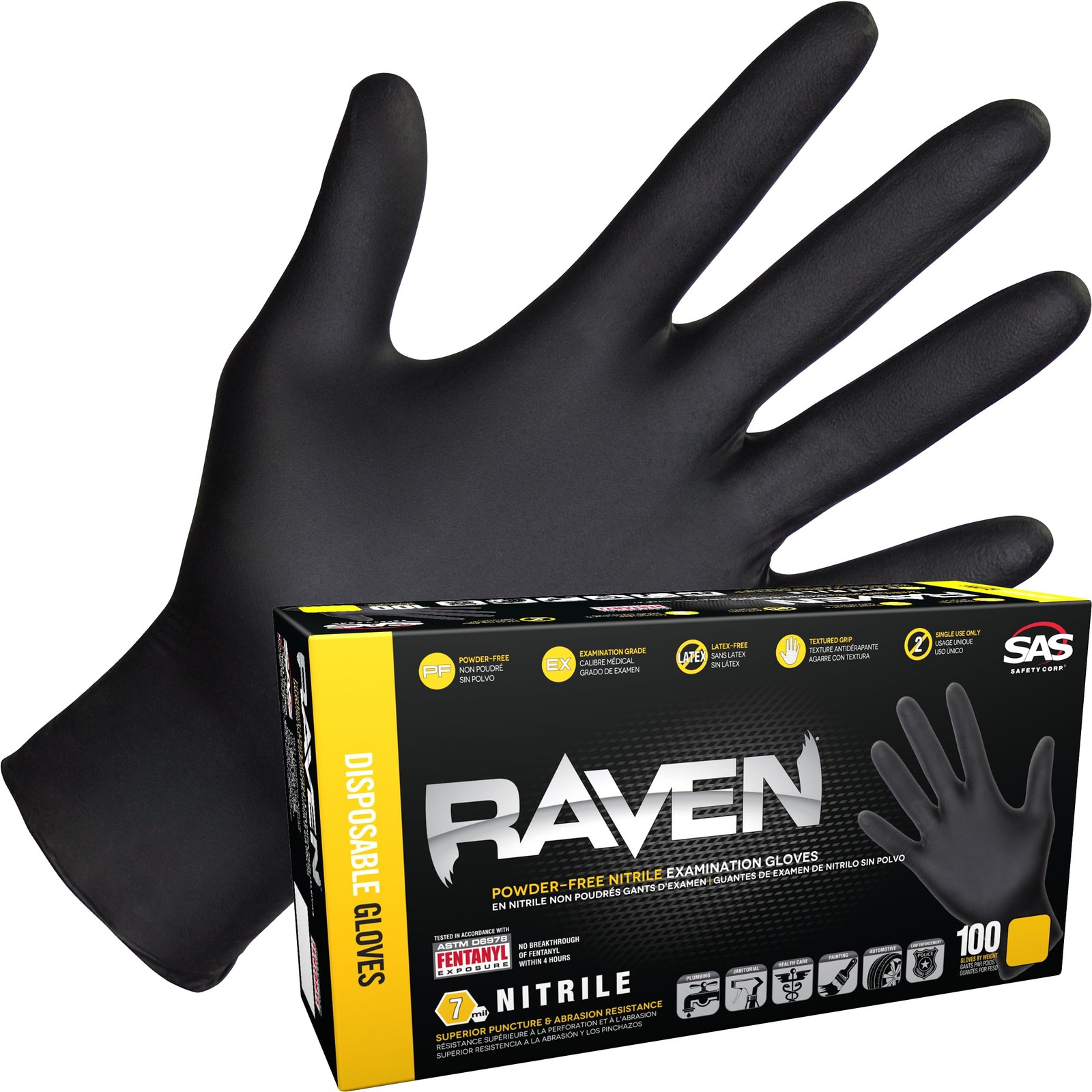 SAS Safety 66516 Raven Powder-Free Nitrile Gloves, Small, 100 Pack , Black