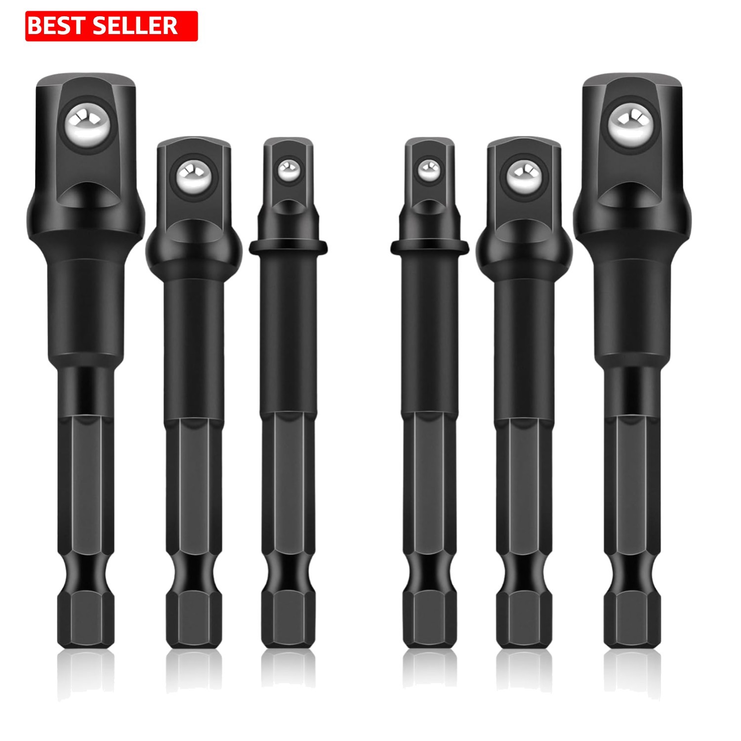 6 PCS Socket Adapter Set: Cr-V Drill Adapters, Hex to Square Conversion