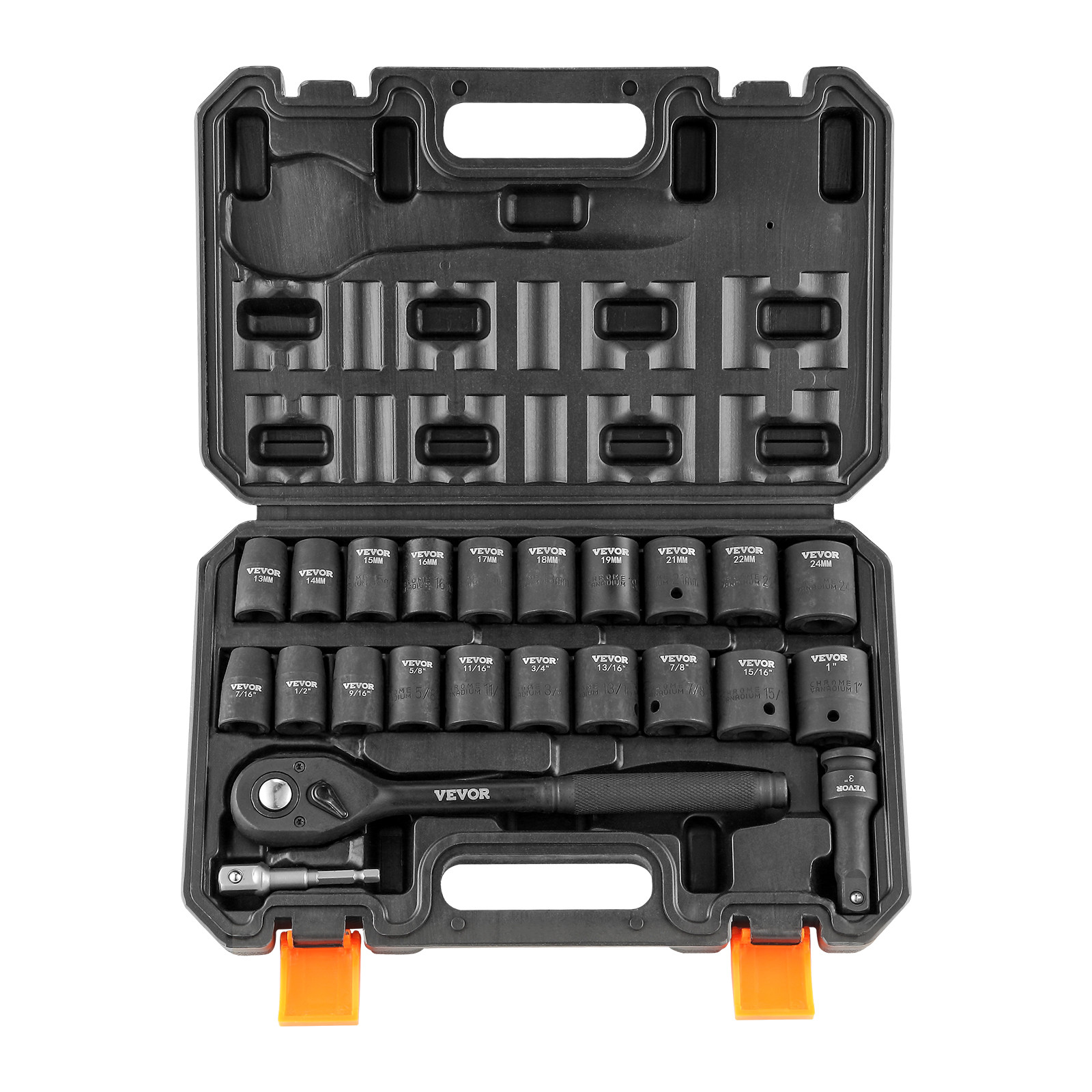 VEVOR Impact Sockets Set 23pcs 6-Point 1/2in Drive Bit Ratchet Tool Kit Case
