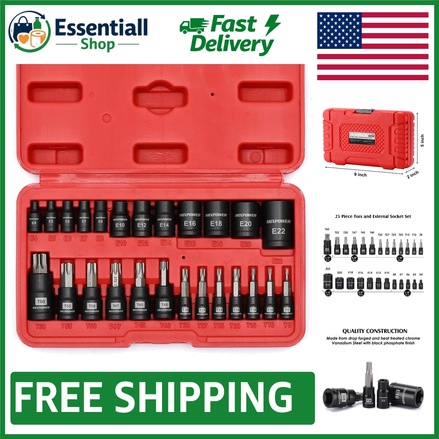 Durable 25-Piece Torx Bit & E-Torx Socket Set – Heat Treated Steel for Longevity