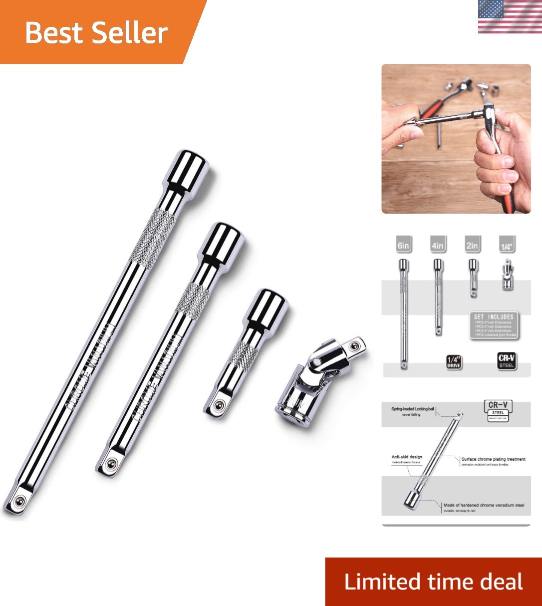 4 Piece 1/4 Inch Drive Extension Bar Set, 1/4 Inch Drive Socket Extension Set…