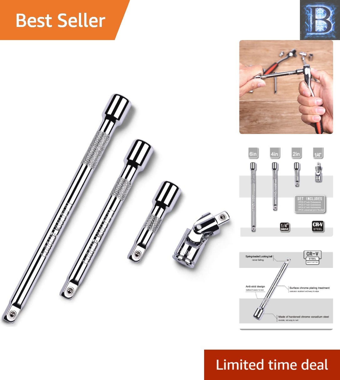 Versatile 1/4 Inch Drive Extension Set with Anti-Slip Design for Professionals