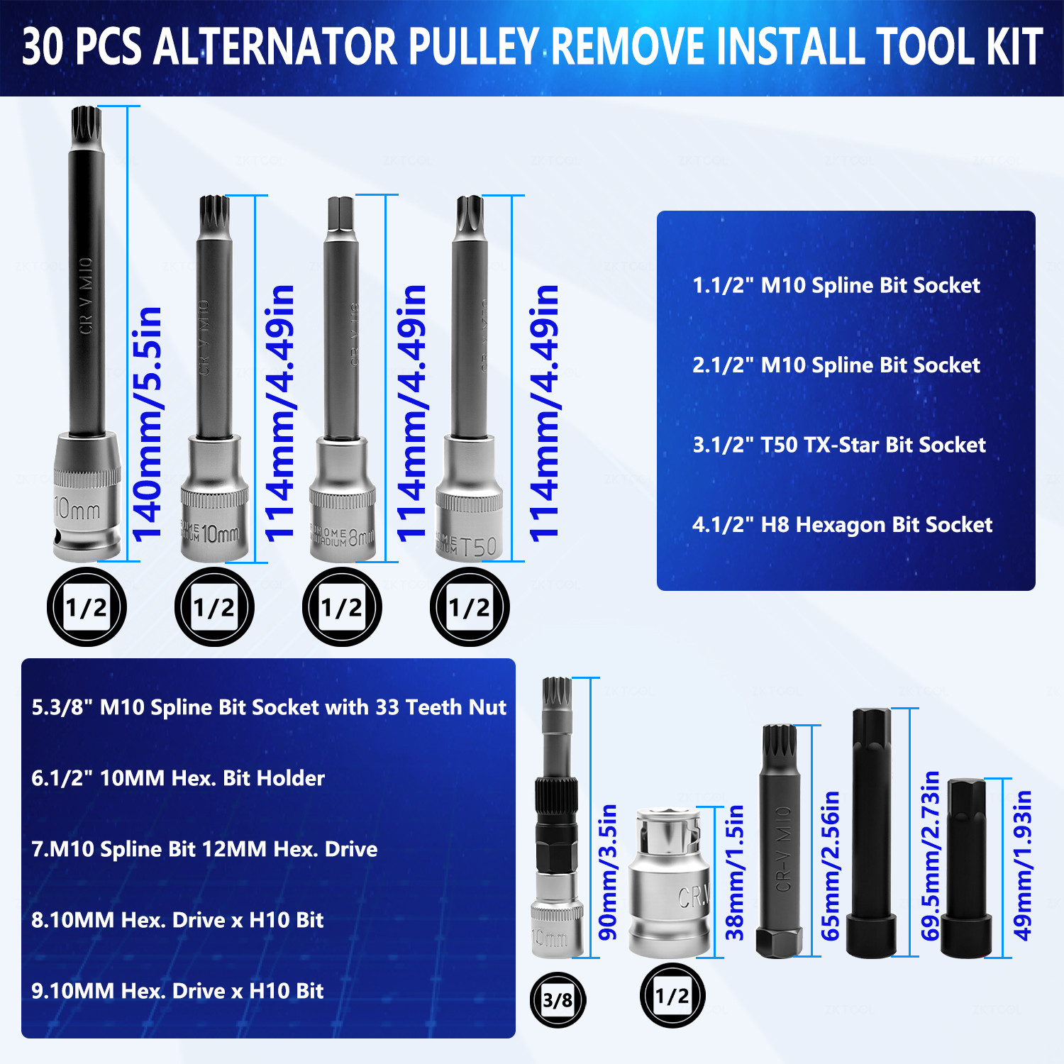 ZKTOOL 30PCS Automotive Alternator Pulley Removal Tool Kit