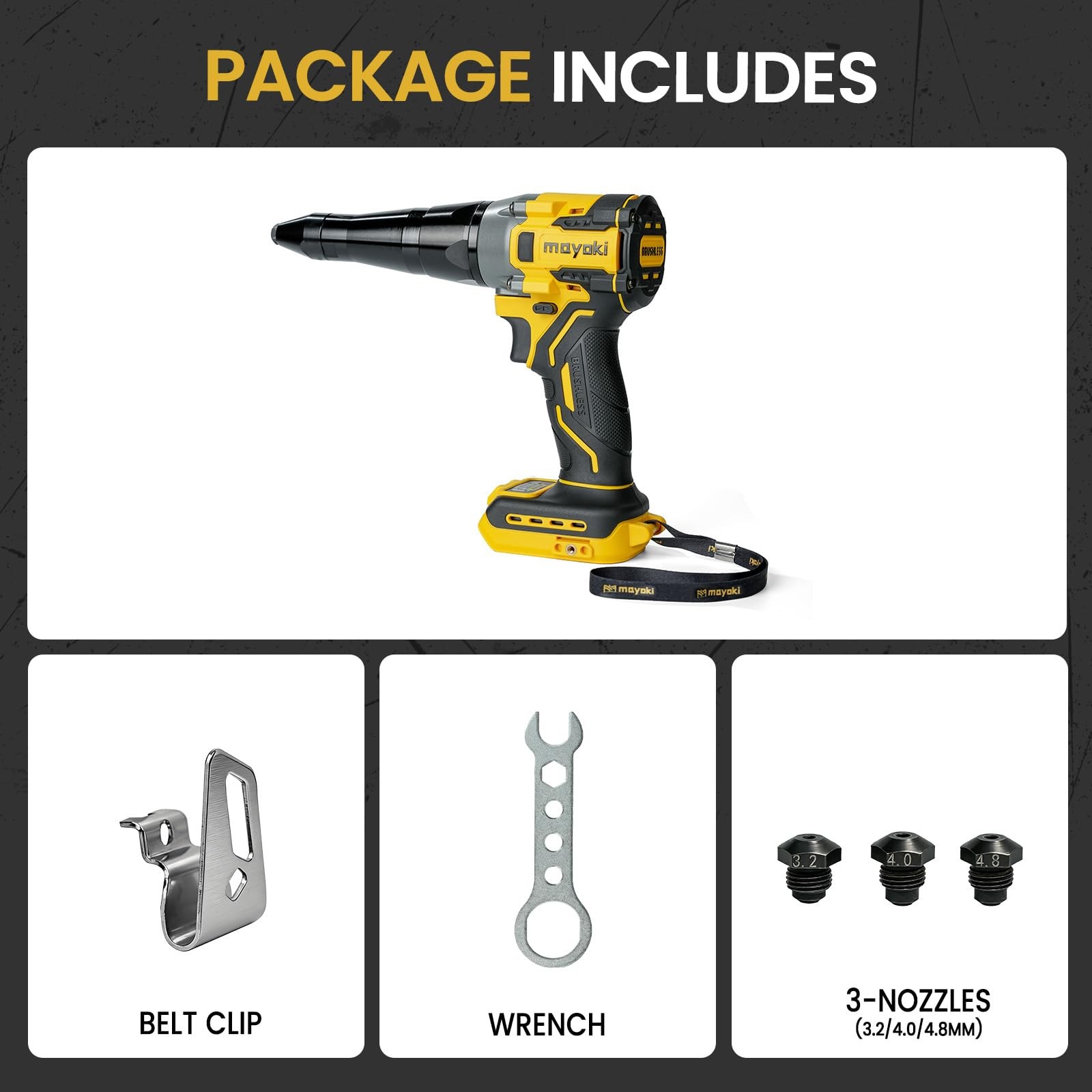 Mayoki Cordless Rivet Gun Compatible with 20V for 3/16″ Rivets, Yellow+Black