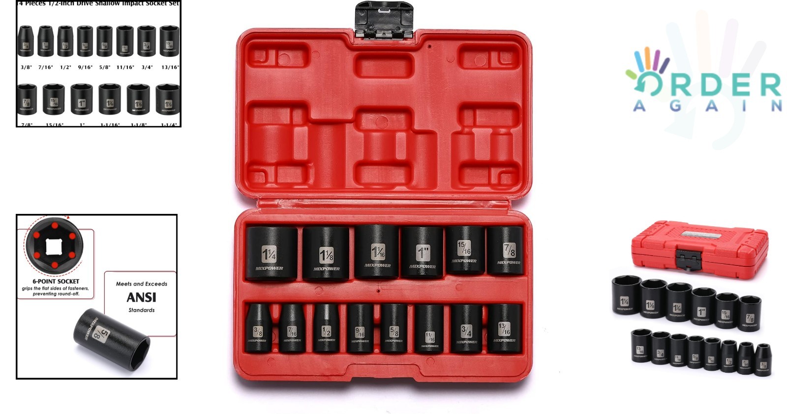 14-Piece Chrome Vanadium Impact Socket Set 3/8 to 1-1/4 Inch SAE Shallow Torque
