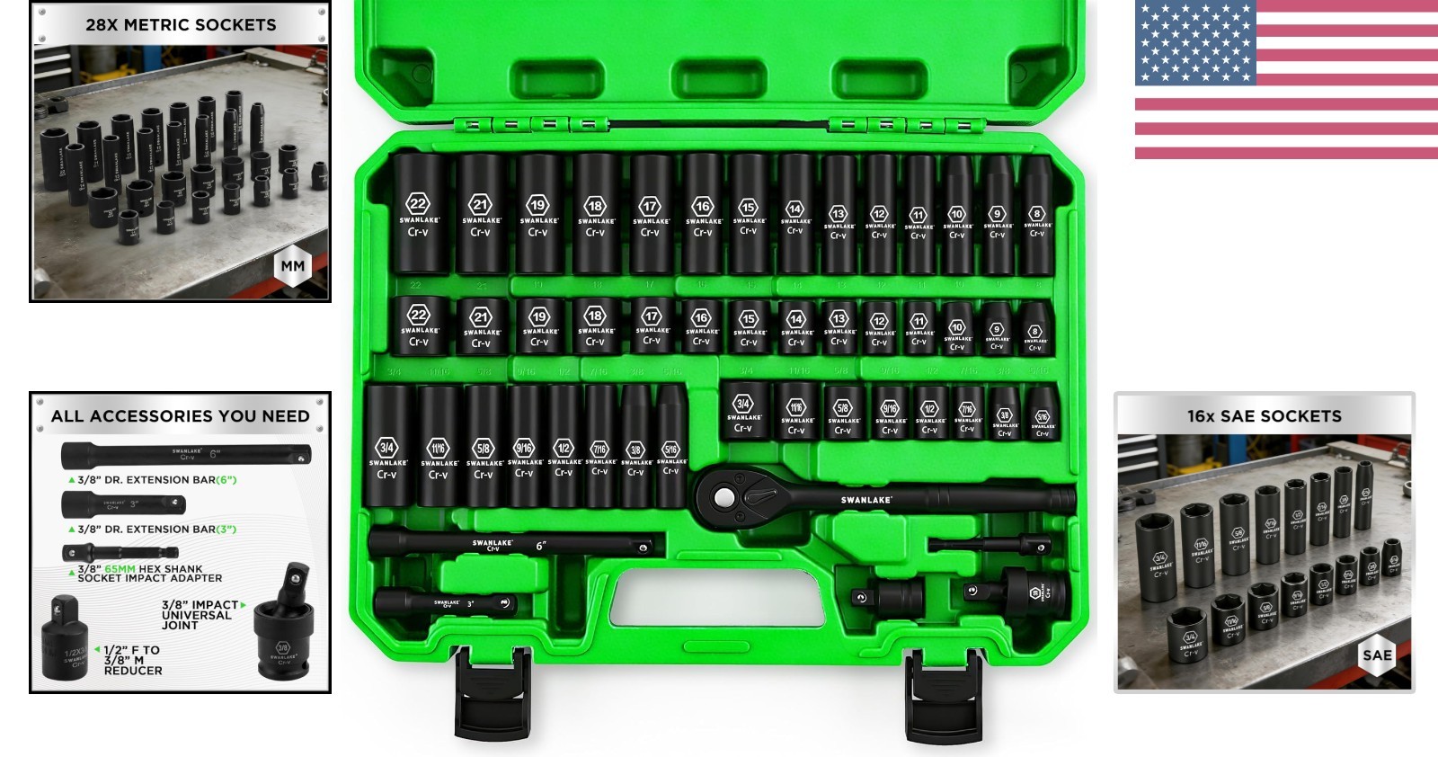 SWANLAKE 50-Piece 3/8» Drive Impact Socket Set – SAE & Metric Precision Tools