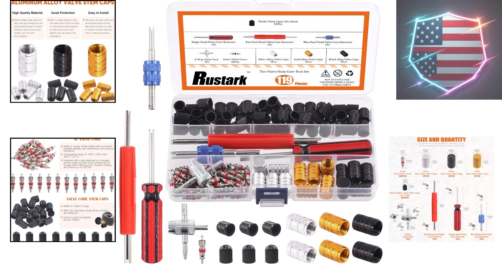 119Pcs Valve Core Remover Tools with Aluminum Tire Valve Stem Caps, Valve Cor…