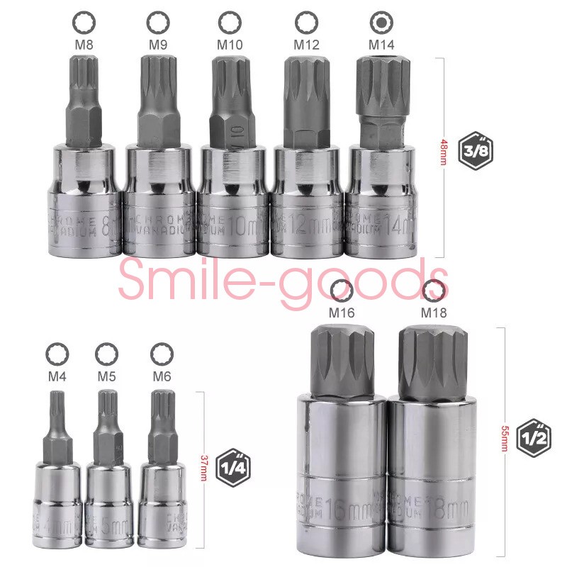 10 PC For XZN Triple Square Spline Bit Socket Set 12 Points with Carrying Case