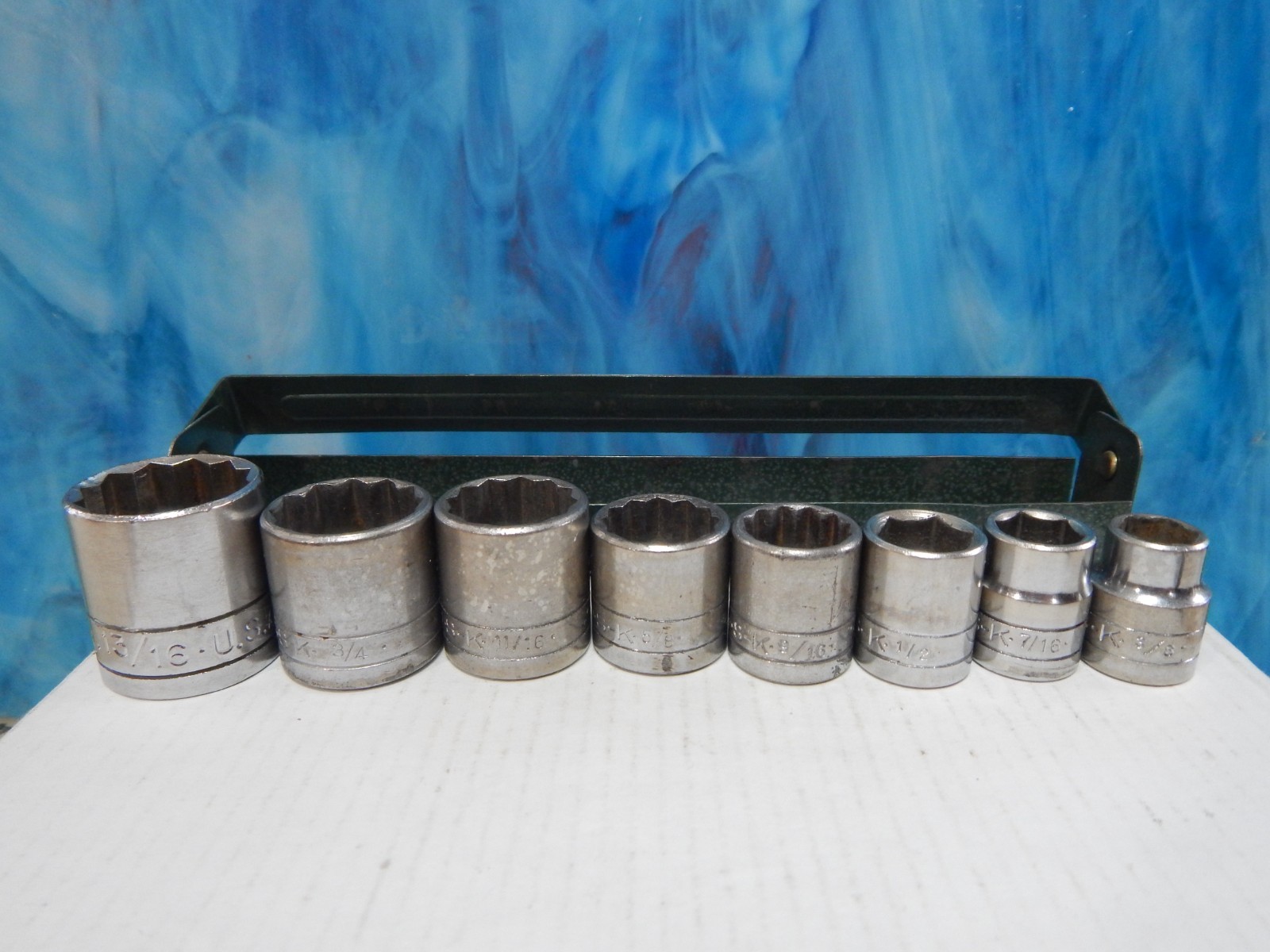 S-K tools 3/8 dr. socket set 8 piece ,carry tray, Vintage SAE Shallow, 3/8-13/16