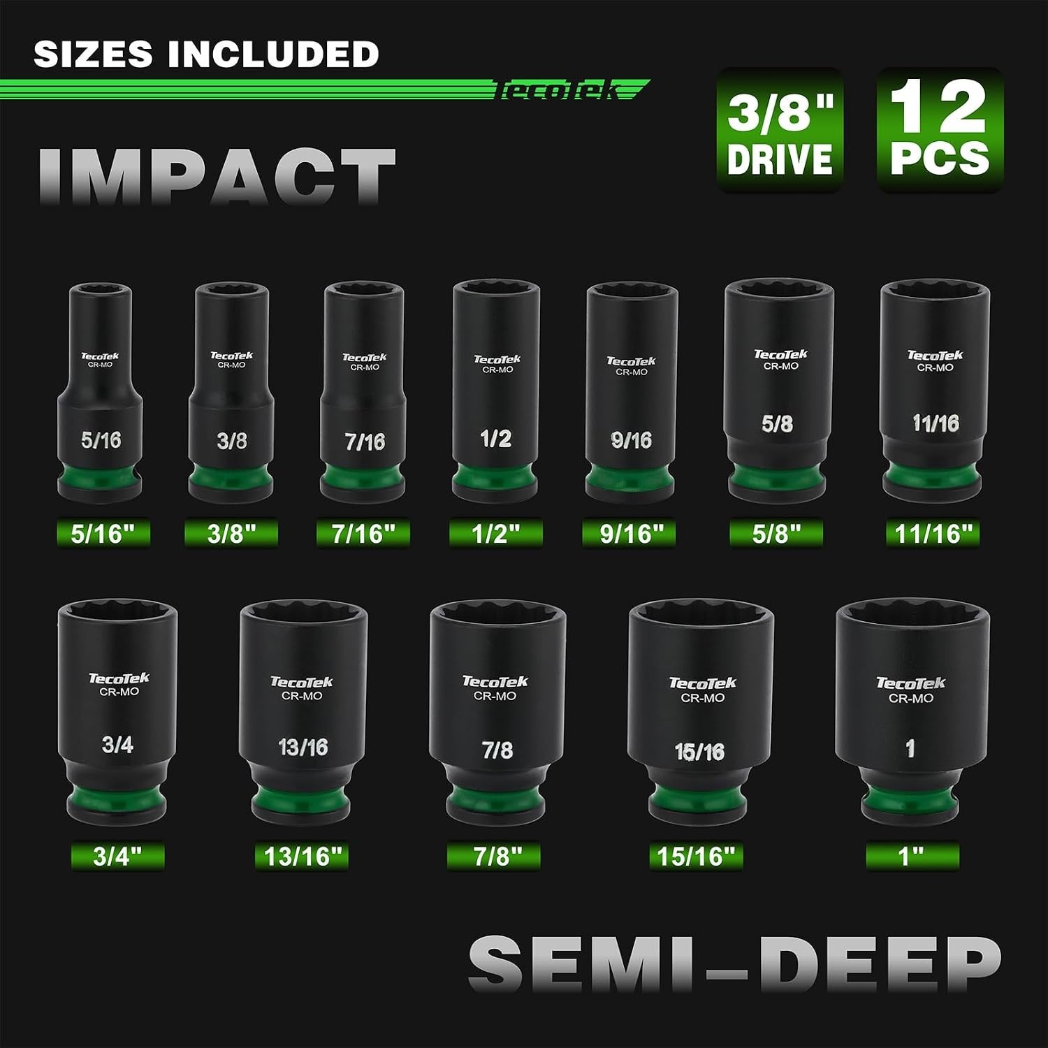 3/8 inch Drive 12-Piece Semi-Deep Impact Socket Set SAE 5/16 to 1 inch Chrome…