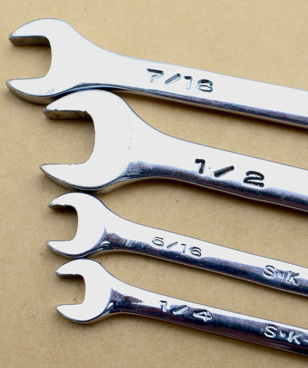 (4) S-K Tools (USA) Combination Wrenches / 7/16 – 1/2 – 5/16 – 1/4 – SAE / MTT
