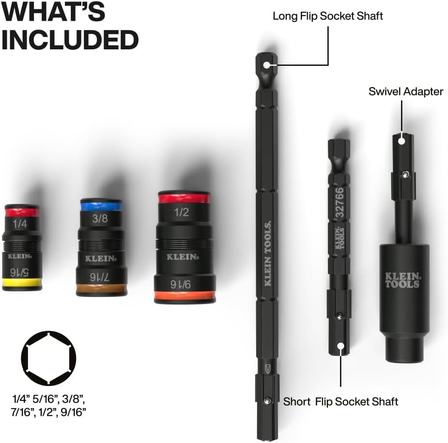 Swivel Flip Impact Socket Set SAE 6 Sizes w/ 25° Adapter Nut Driver Tool