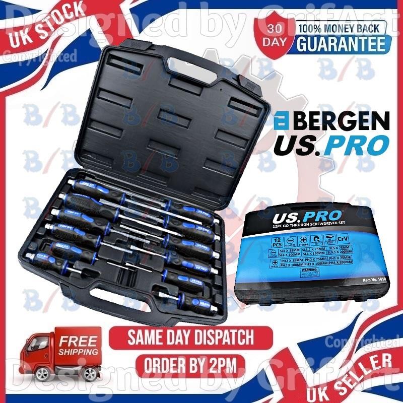 USPRO 12PC GO THROUGH MAGNETIC SCREWDRIVER SET PHILLIPS SLOTTED FLAT HEAD & CASE
