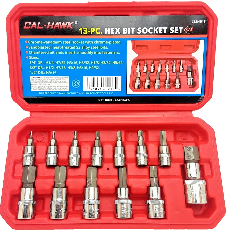 13-PC. Hex Allen Master Socket Bit Set SAE S2 Steel Standard Hex Bit Socket Set