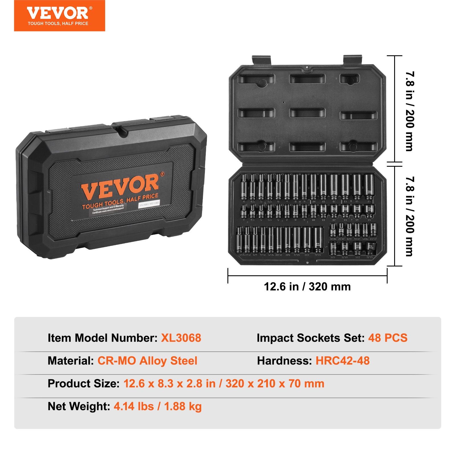 VEVOR Impact Sockets Set 48pcs 6-Point 1/4″ Drive Bit Ratchet Tool Kit Case