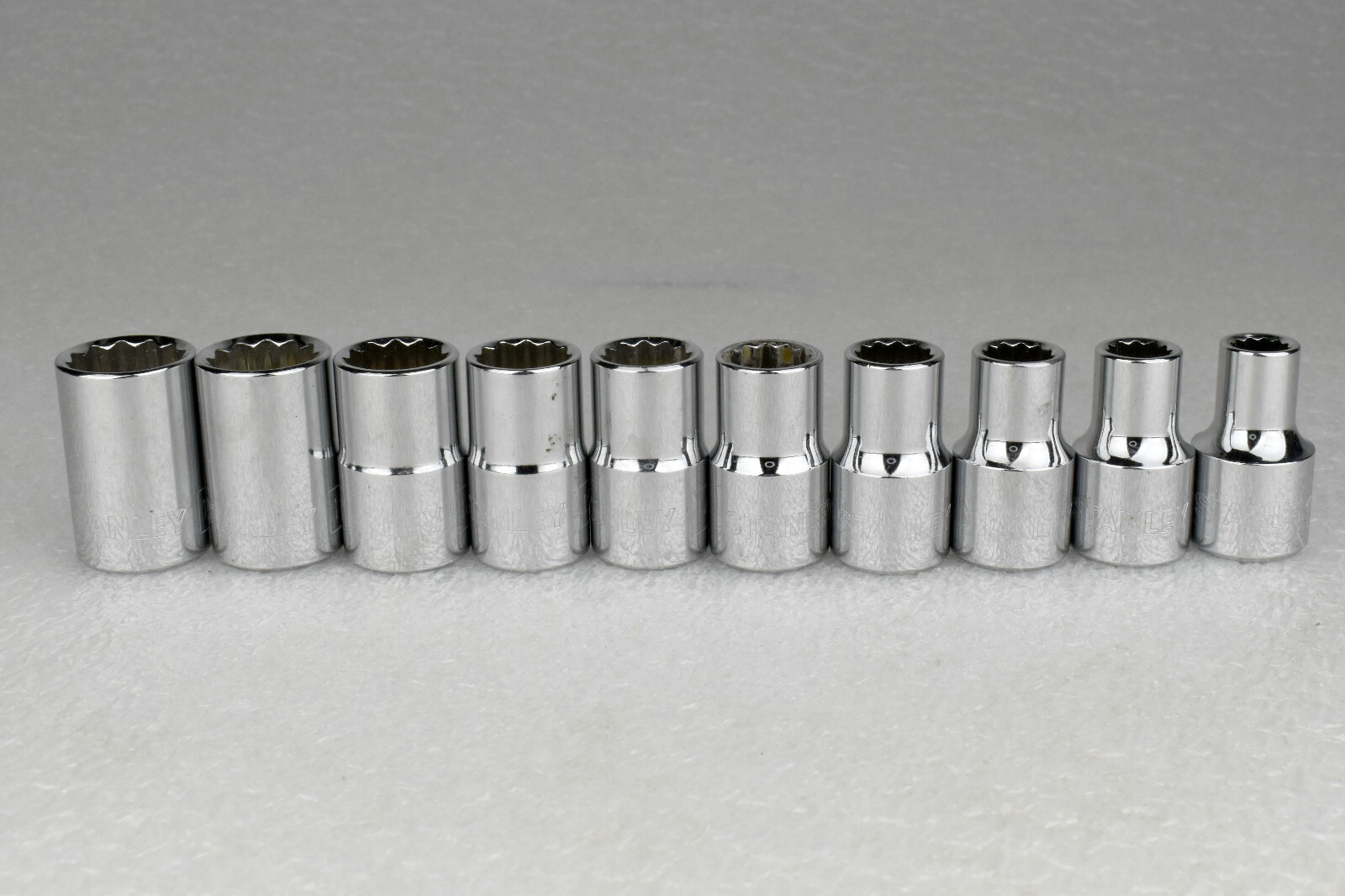 TEN Stanley 1/2″ Drive 12-pt Cr-V Metric Sockets 18mm (88-790) to 9mm (86-541)