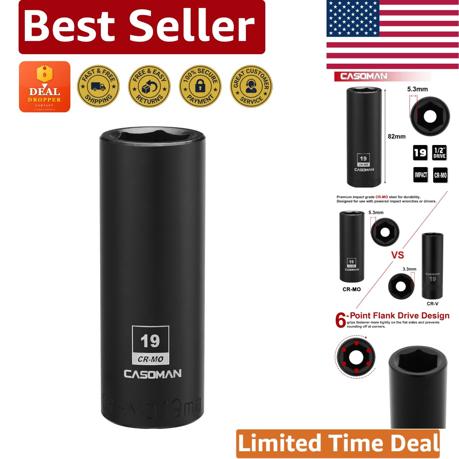19mm Deep 6-Point Impact Socket – 1/2-Inch Drive, Corrosion-Resistant Finish