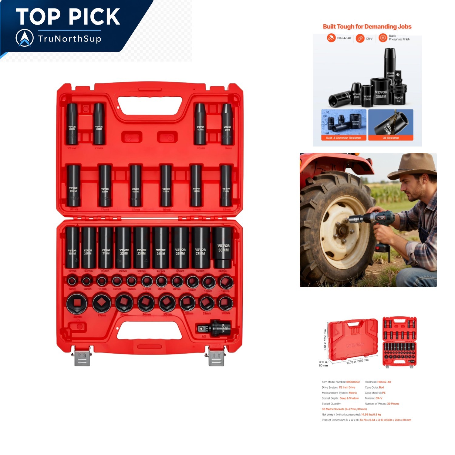 39 Piece Impact Socket Set 1/2 inch Drive Metric 9-30 mm Deep Shallow CR-V