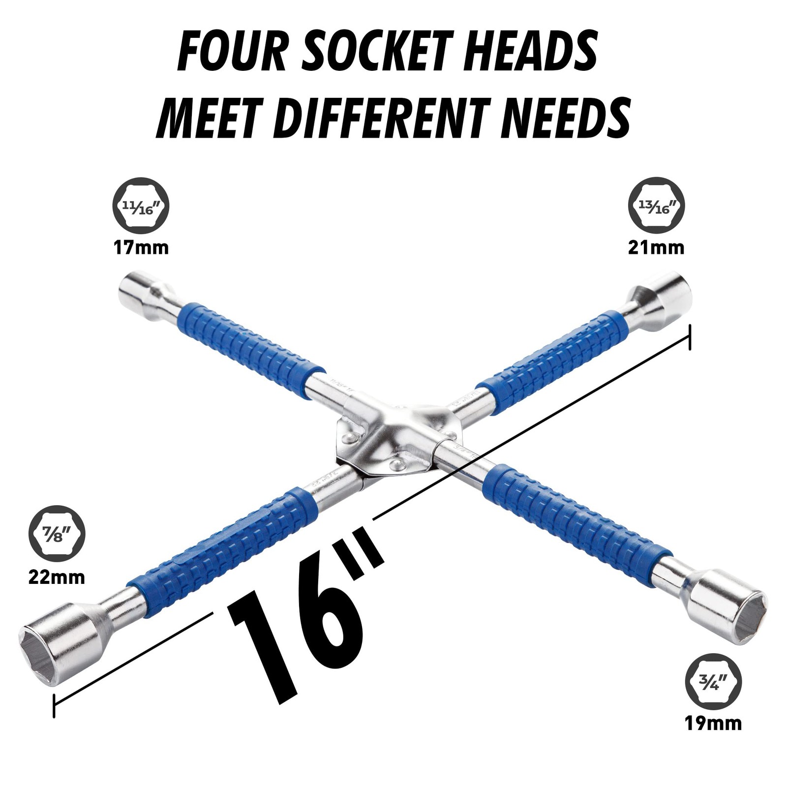 16 Heavy Duty 4-Way Lug Wrench Non-Slip Tire Iron Tool for Cars