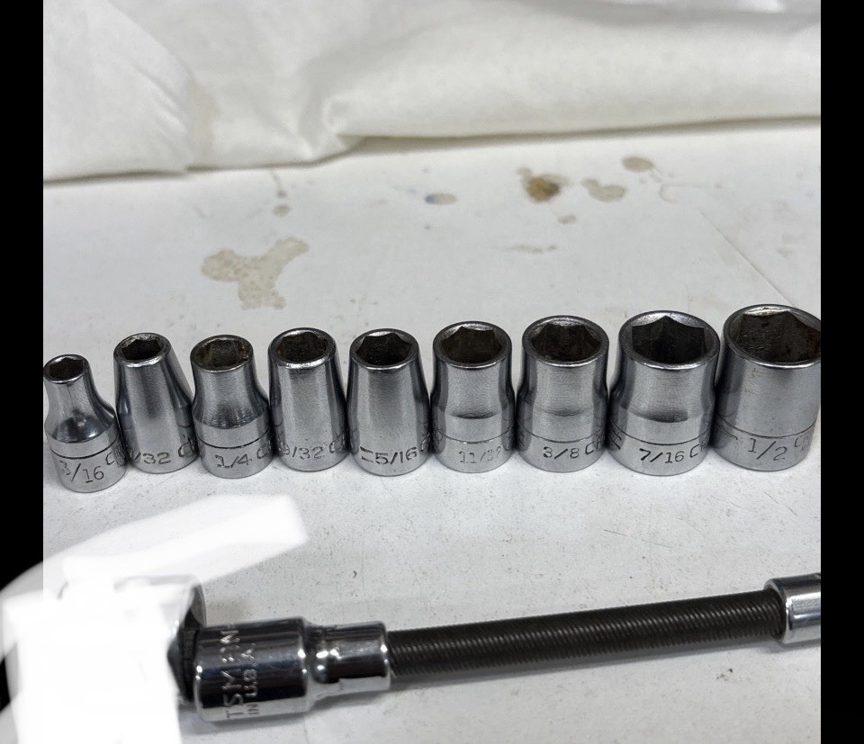 Vintage Craftsman 10pc. 6 Pt. 1/4 drive sockets 4” flex extension