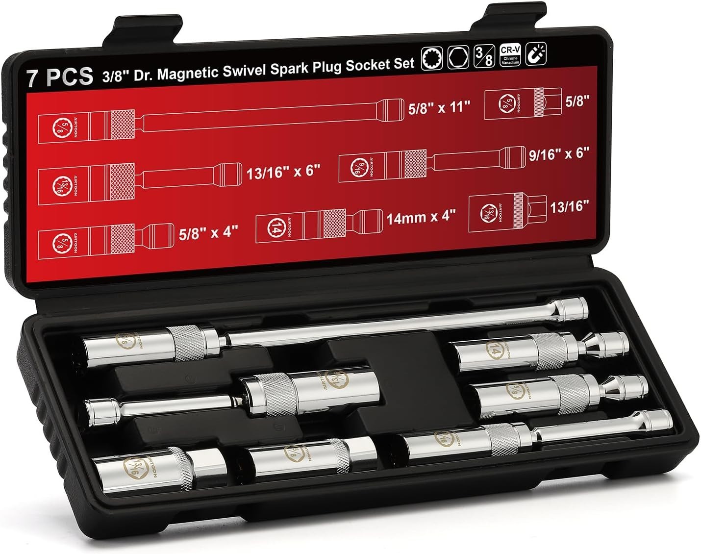 7-Piece 3/8″ Dr. Magnetic Swivel Spark Plug Socket Set