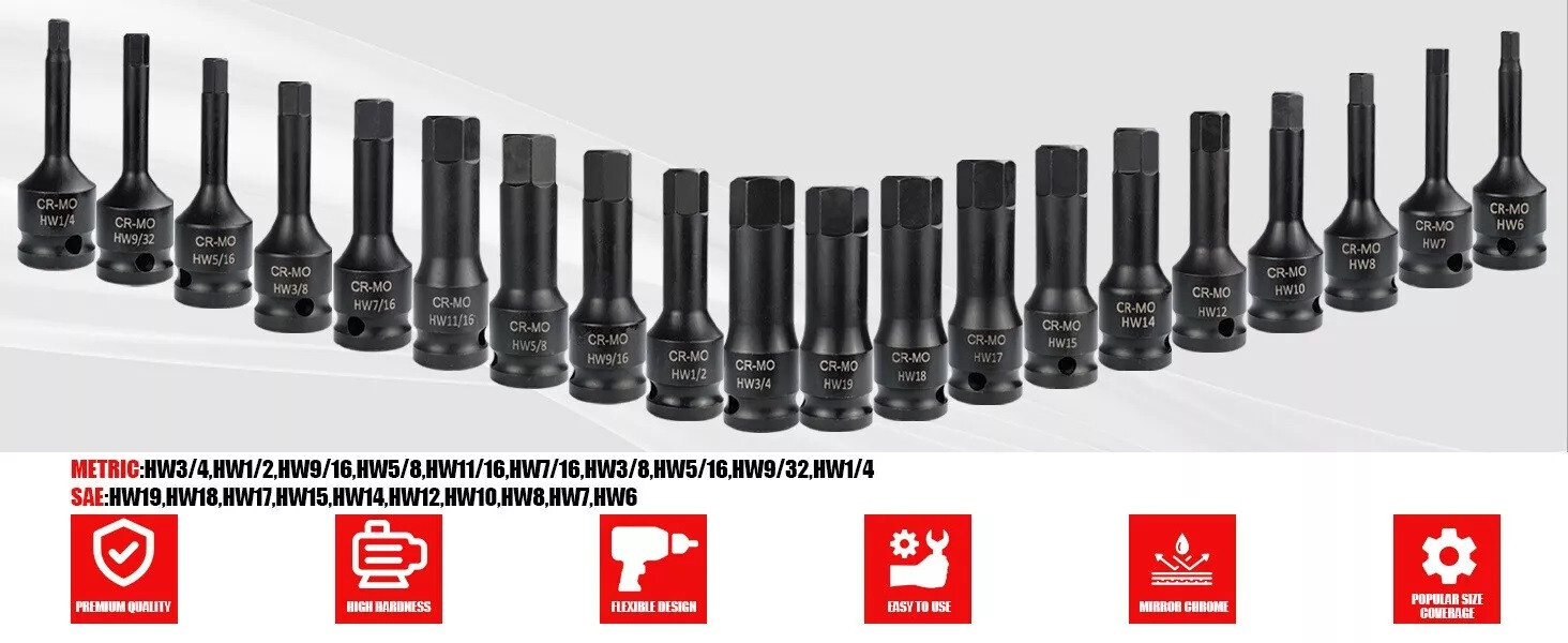 Metric & SAE 1/2″ Drive Master Impact Socket Set Hex Bits Long Air Allen Driver