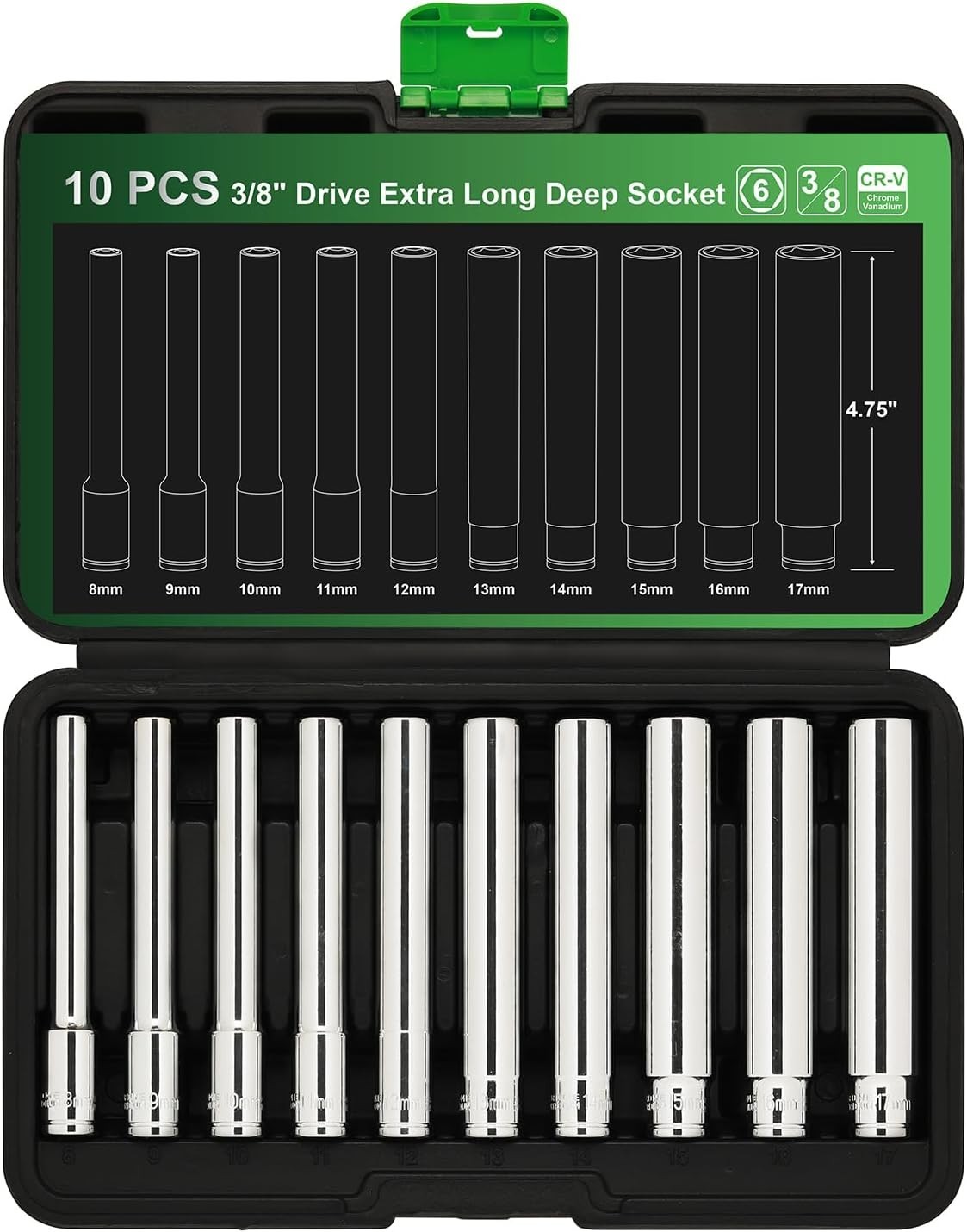 TecoTek 10PCS 3/8-Inch Drive Extra Deep Metric Socket Set, 6 Point, 8mm to 17mm,
