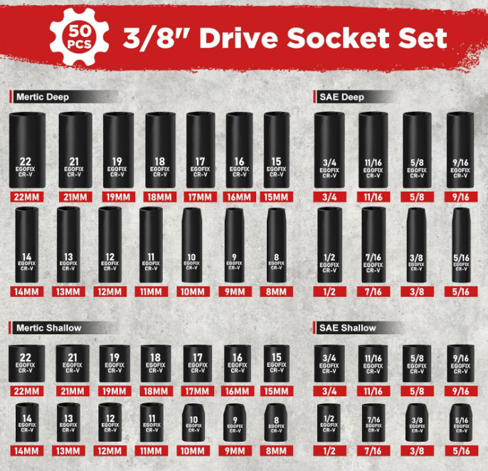 Juego Vasos Impacto 3/8» 50 Piezas SAE y Métrico 6 Puntas Carraca CR-V Set Pro