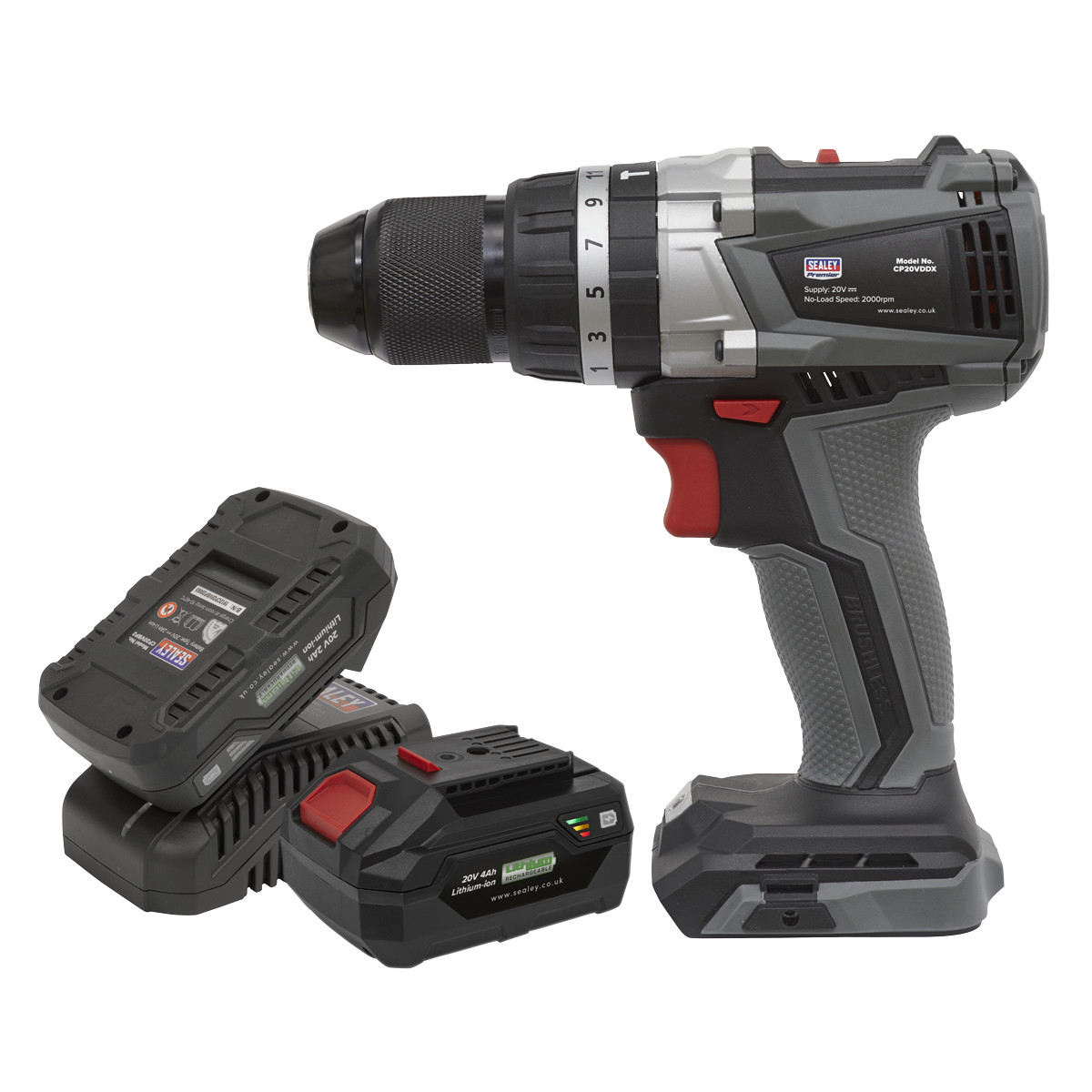 Sealey CP20VDDXKIT Brushless Hammer Drill/Driver Kit 13mm 20V 2 Batteries