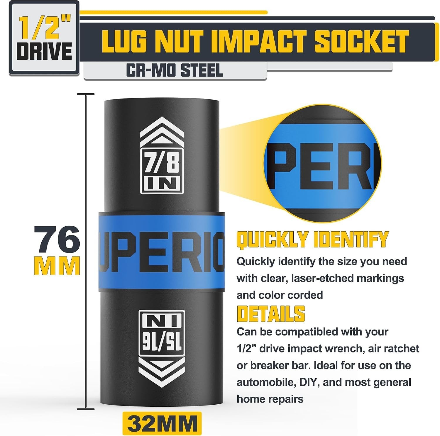 Effortless Lug Nut Removal – 1/2″ Drive Dual-Sided Impact Socket, Cr-V Steel