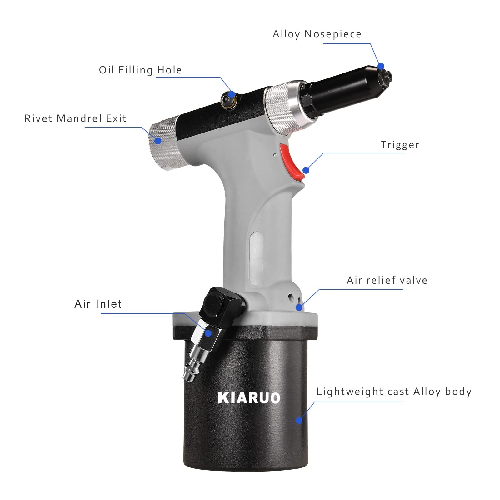 KIARUO Pneumatic Rivet Gun 3/16″ 5/32″ 1/8″ S50 General Model, grey
