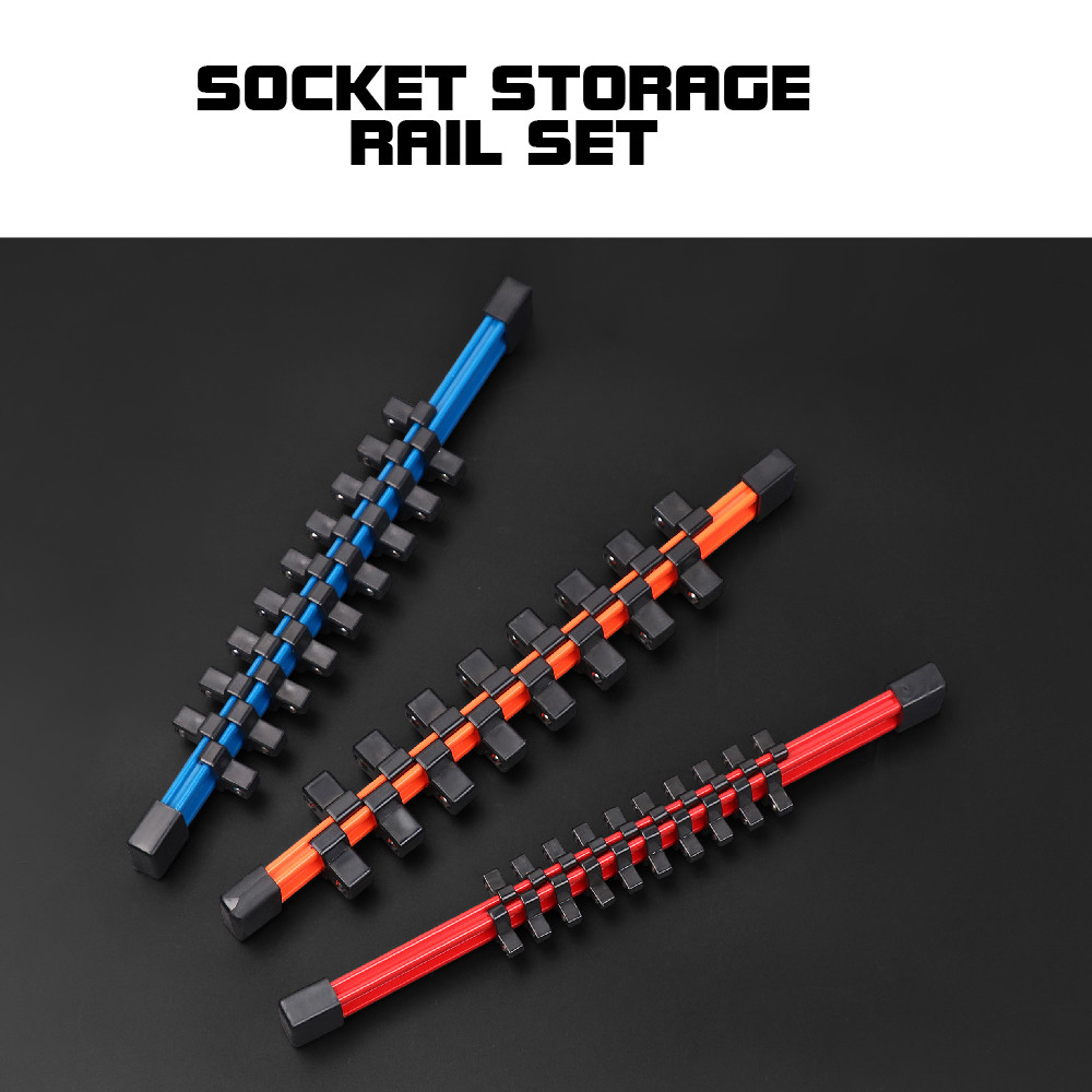 3pc Socket Organizer | 1/4 3/8 1/2″ Mountable Sliding Holder Rail Tool Storage