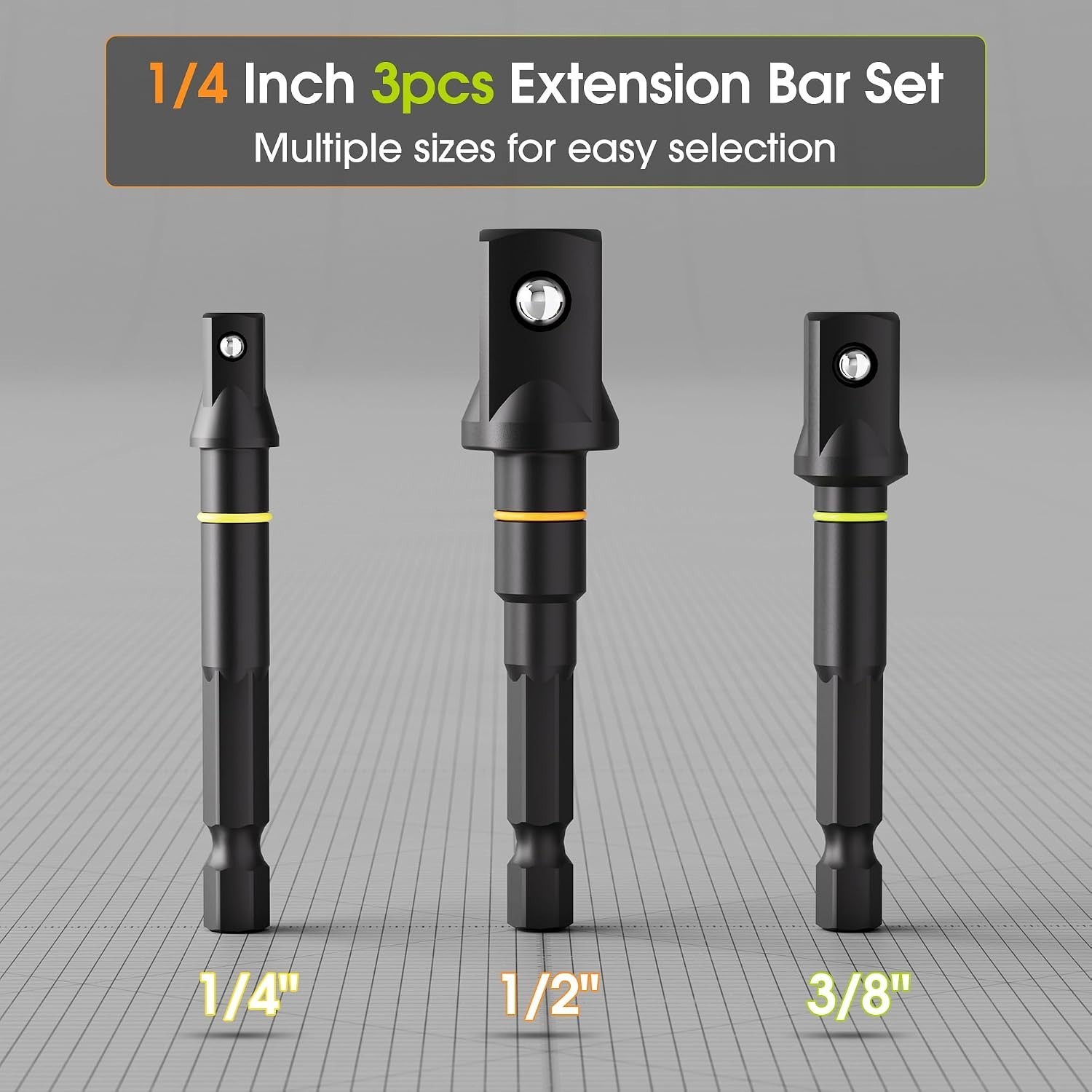 3-Piece Socket Adapter Extension Set, 1/4, 3/8, 1/2-Inch Drive for Power Drill