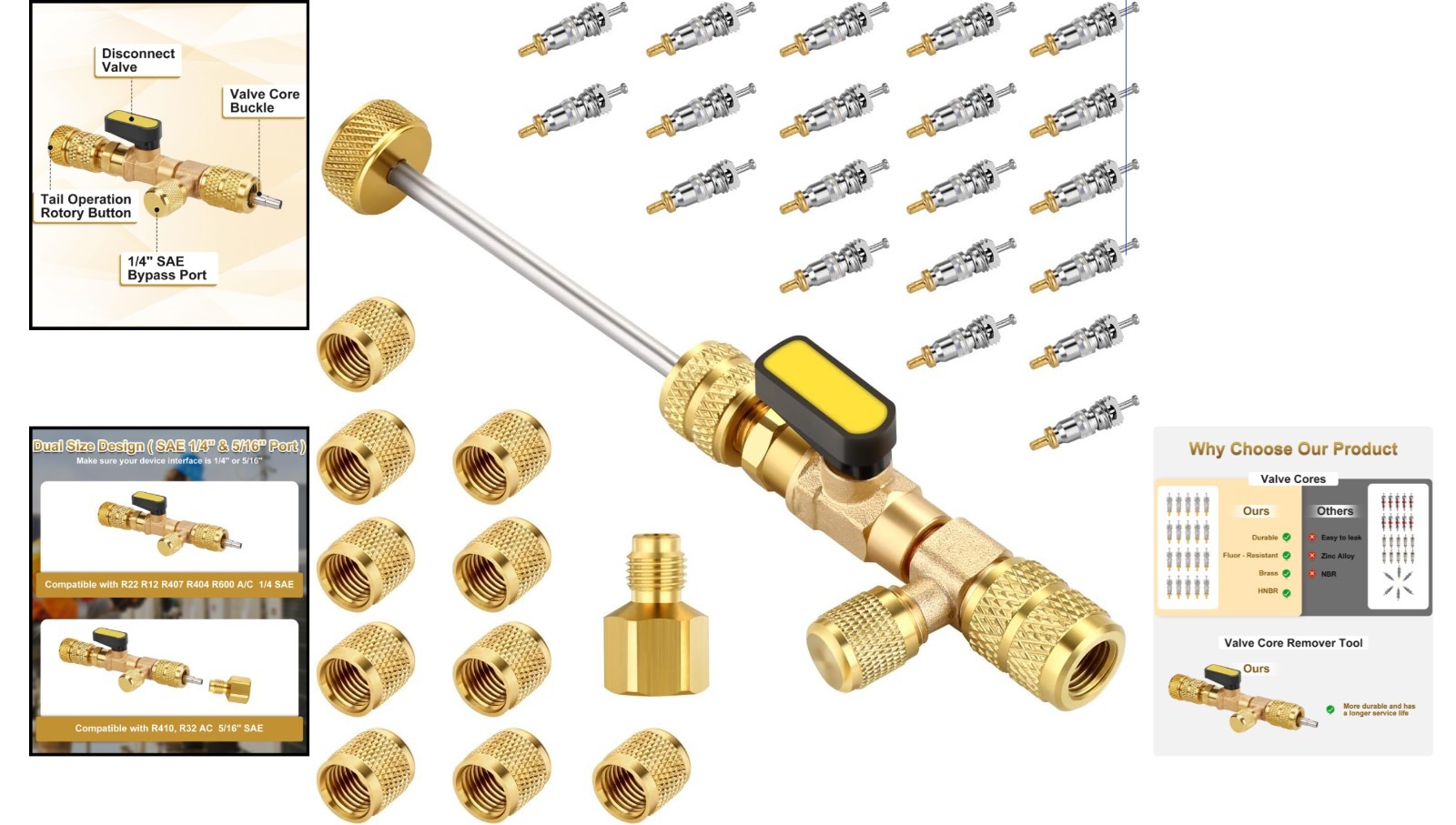 Durable Brass Valve Core Tool Set with 20 Valve Cores & 10 Brass Nuts Included