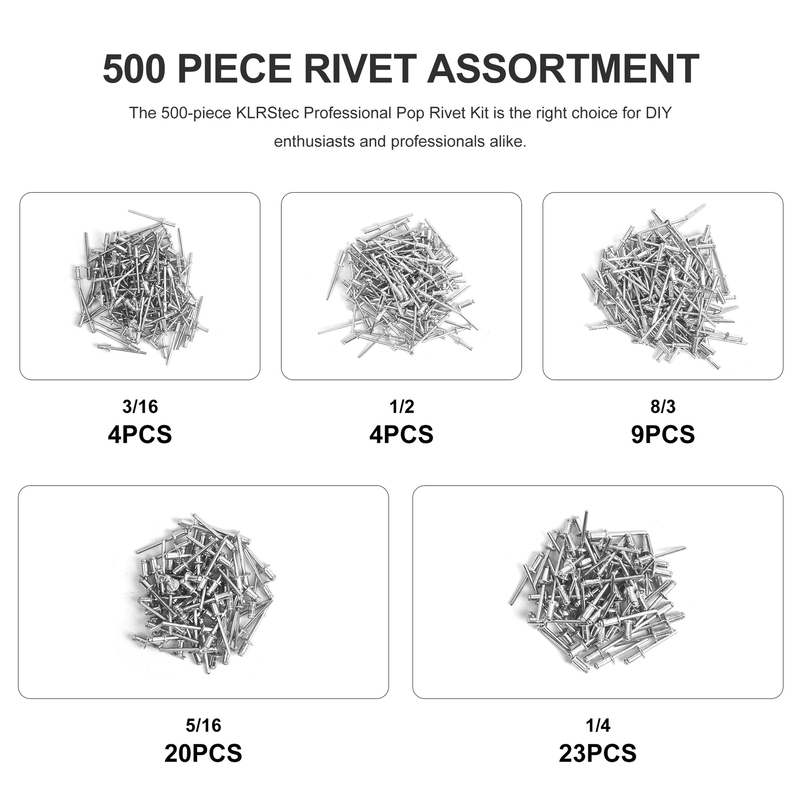 500x Industrial Aluminum Pop Rivet Assortment 3/16-1/2″ For Hand/Air Riveter Gun