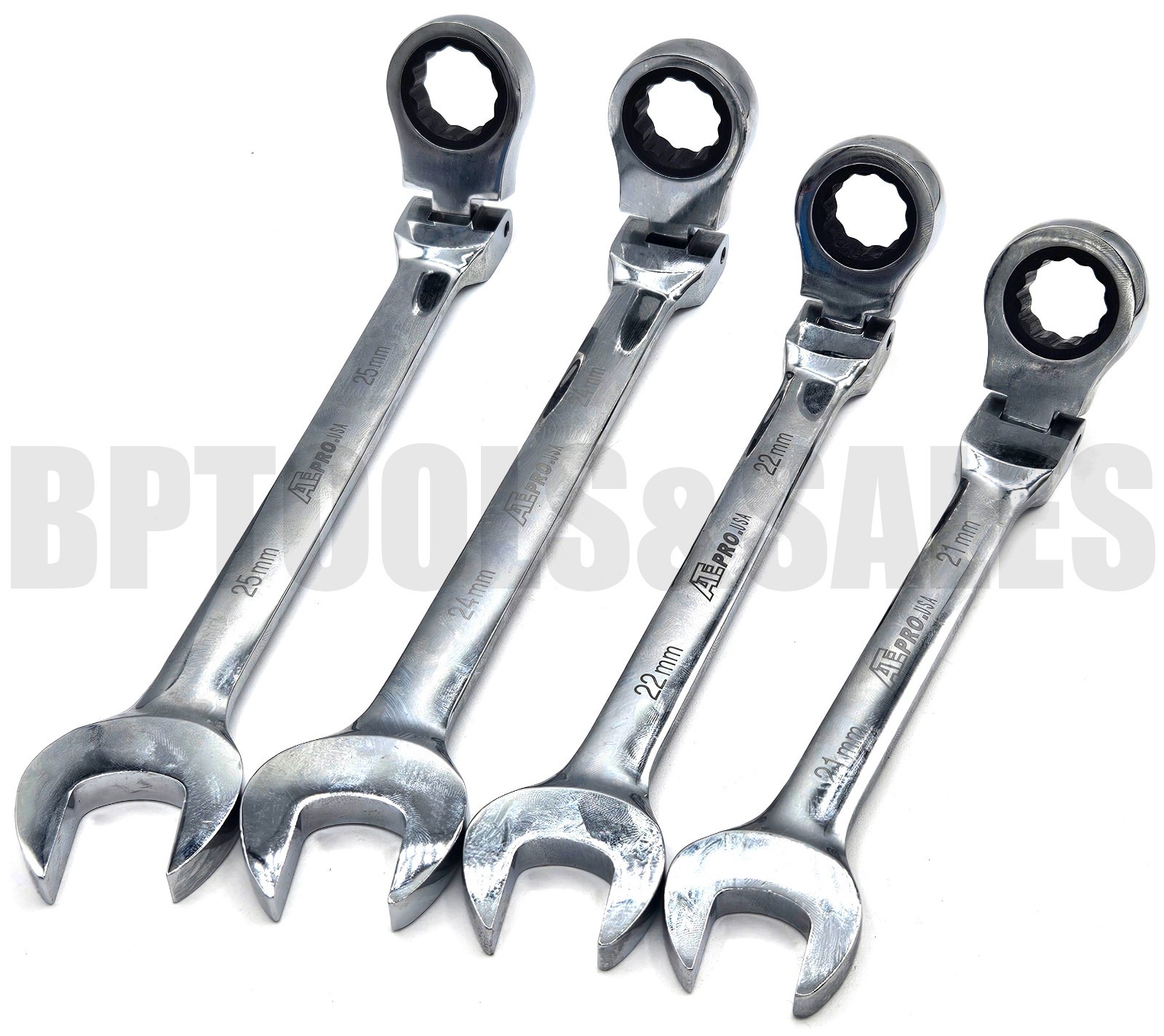 4pc Jumbo Flex Head Ratcheting Combination Wrench Set 12pt Metric 21 22 24 25mm