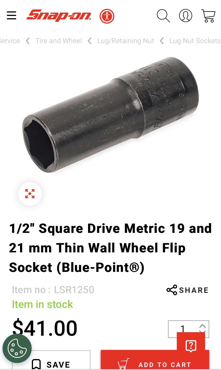 1/2″ Square Drive Metric 19 and 21 mm Thin Wall Wheel Flip Socket Blue-Point NEW
