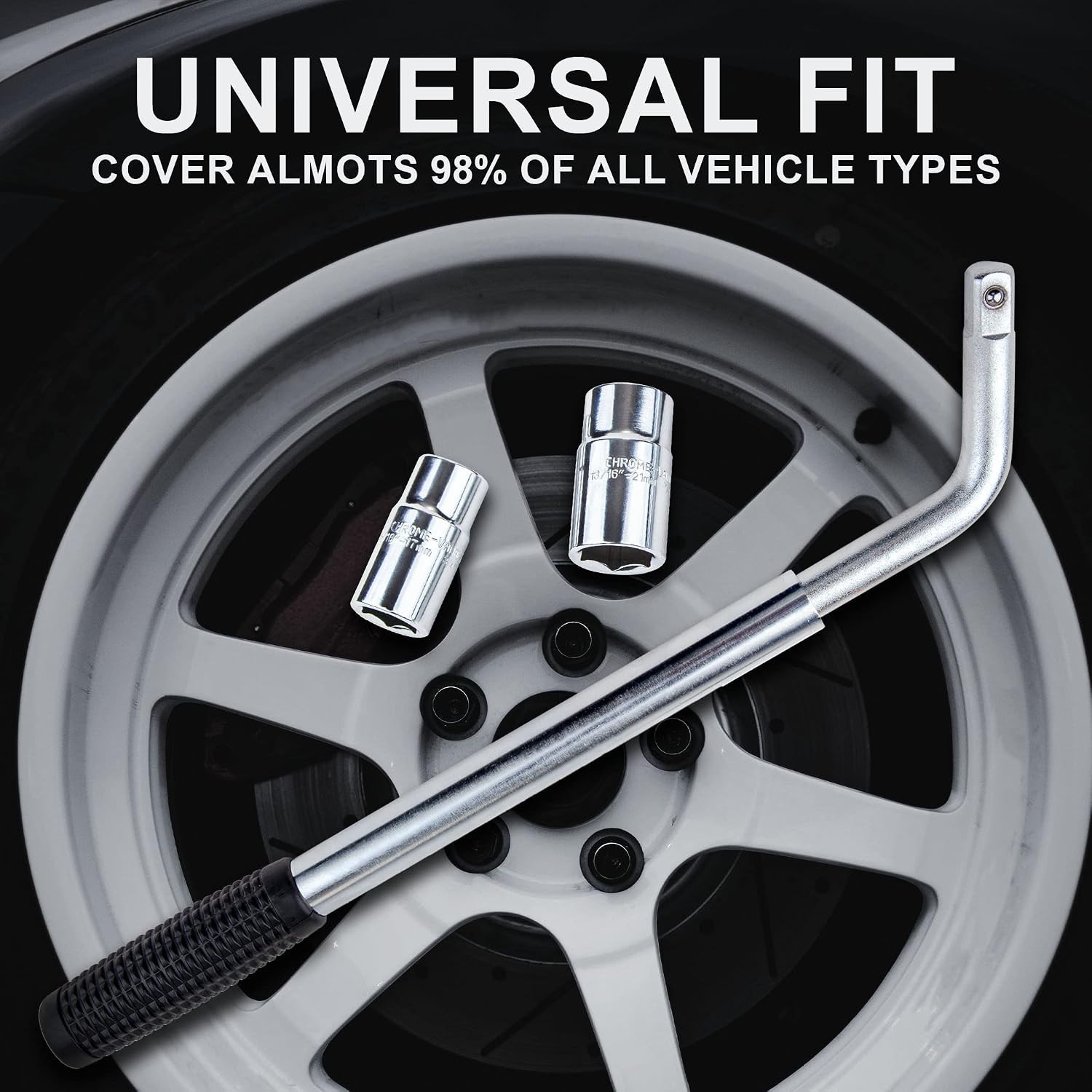 Telescoping Lug Wrench, Wheel Wrench with Standard CR-V Sockets 17/19, 21/22mm