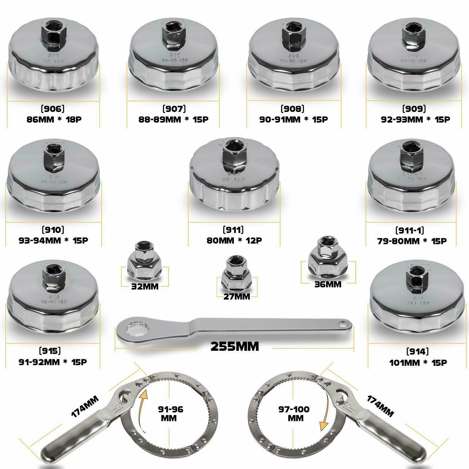 1/2″ Dr Oil Filter Socket Cup Type Set & Adjustable Cap Wrench Removal Tool 31PC
