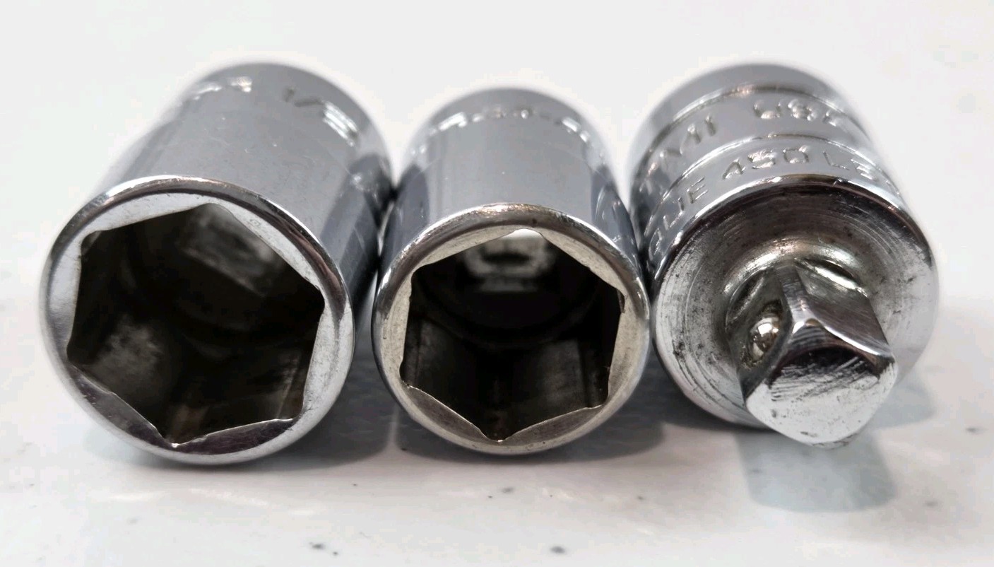 Snap On (3) Pc. Socket Lot, 1/4″ Drive: 7/16 & 1/2, 3/8″ Drive To 1/4″ Reducer