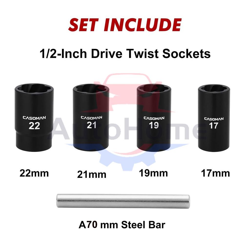 5Pcs Twist Socket 1/2” Drive For Wheel Lug Nut Damaged Removal and Extractor