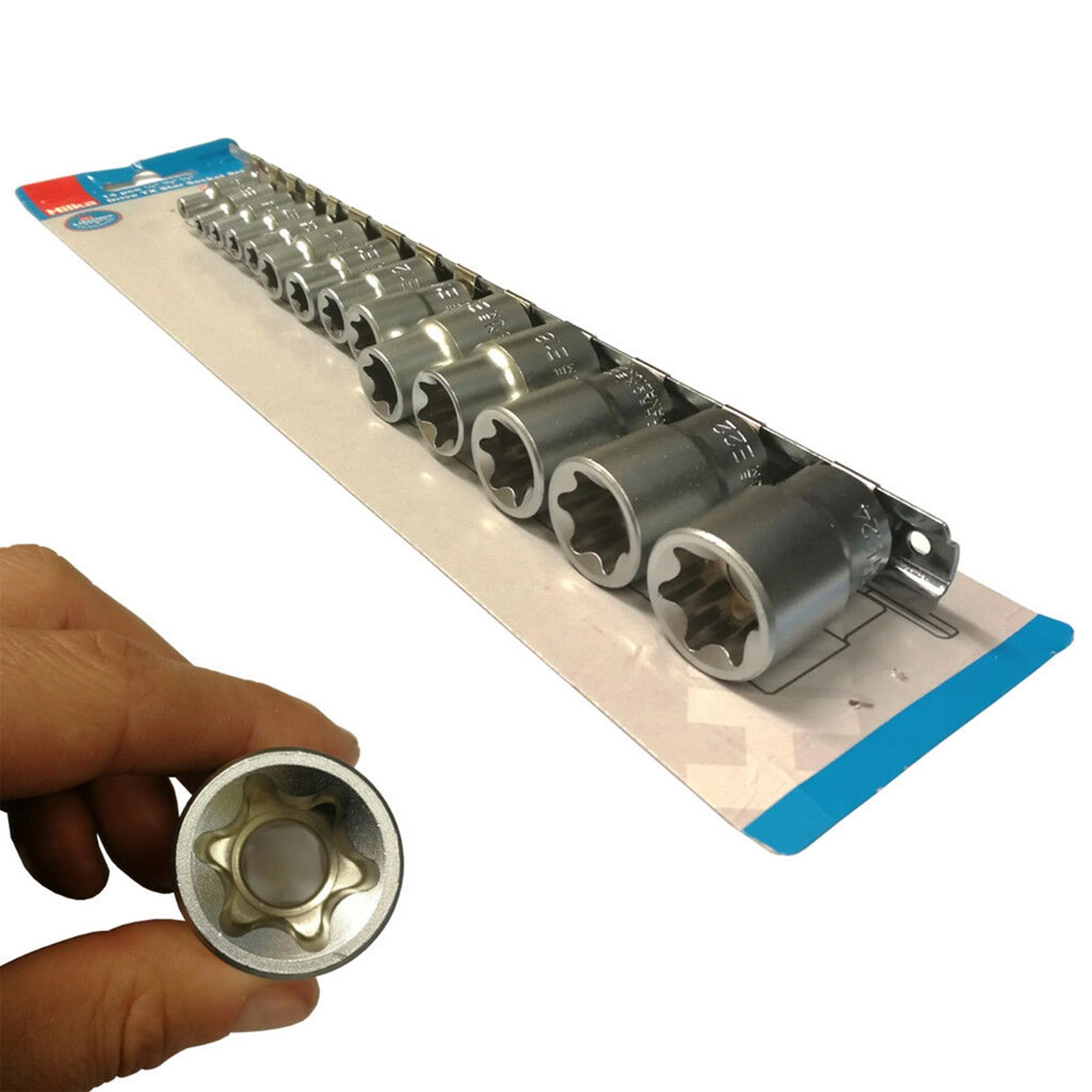 14Pc TX Star Socket Set E4 – E24 CRV Steel 1/2″, 1/4″ & 3/8″ Drive Storage Rail