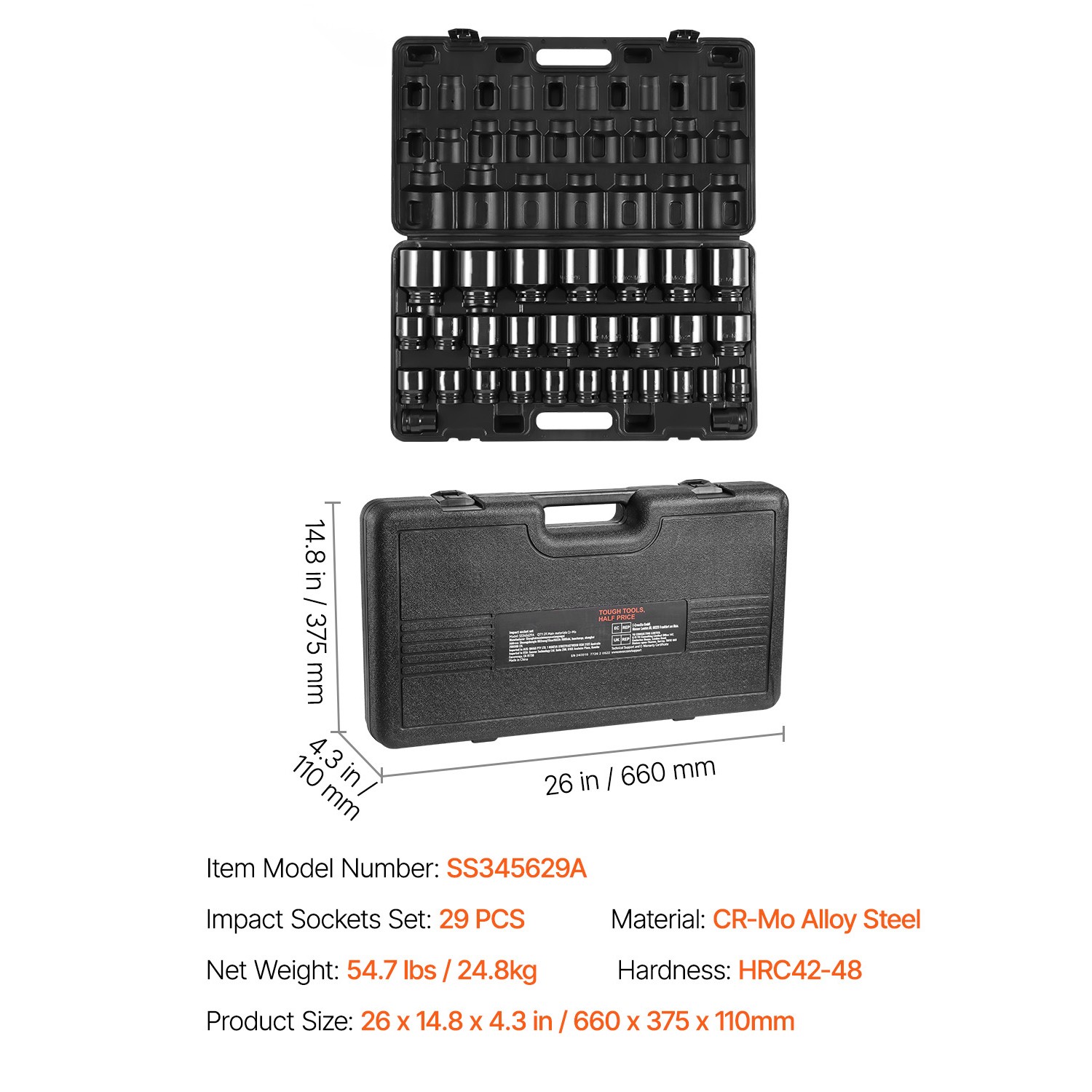 Impact Sockets Set 3/4 Inch Drive 29 PCS 3/4 inch – 2-1/2 inch 6-Point Set
