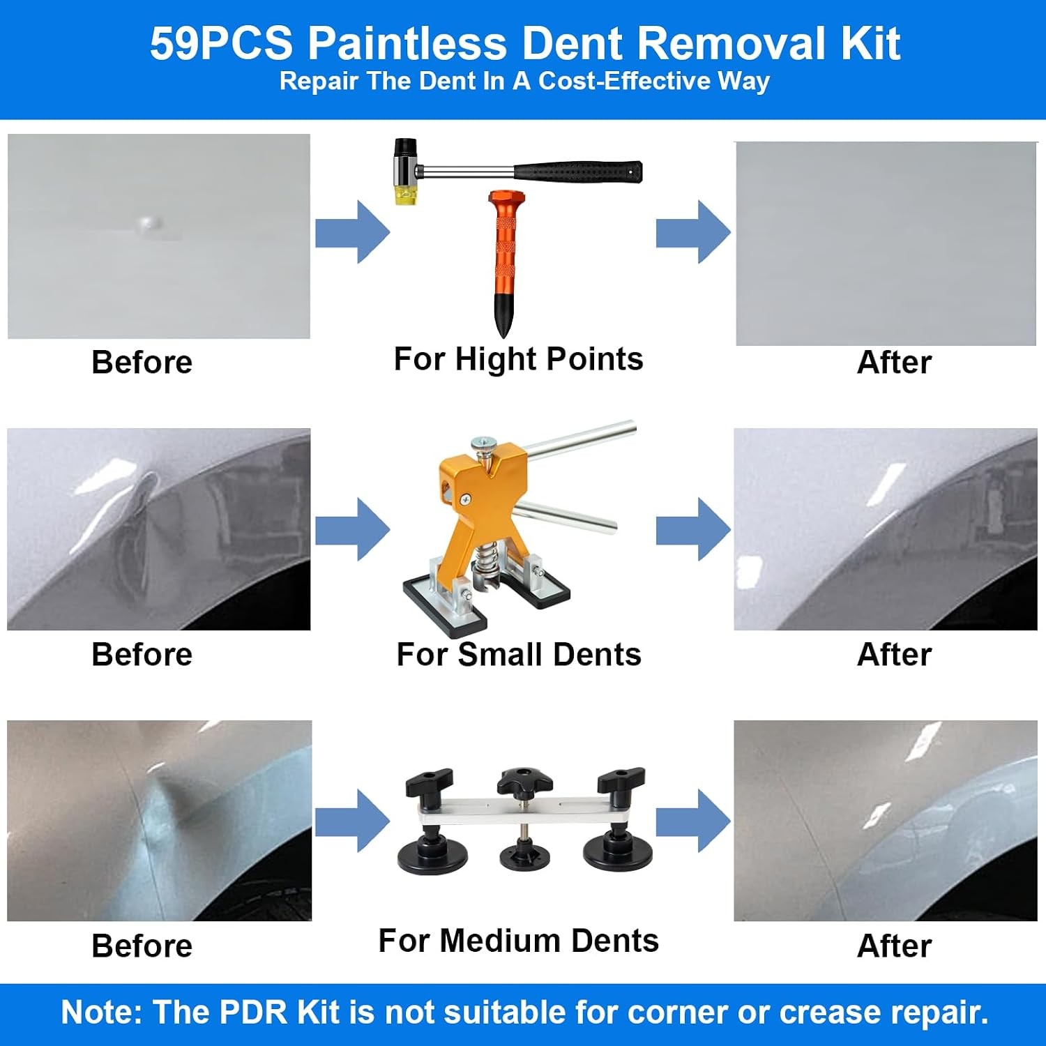 59PCS Dent Repair Kit Golden Lifter, Bridge Puller, Hot Glue Dent Puller and PDR